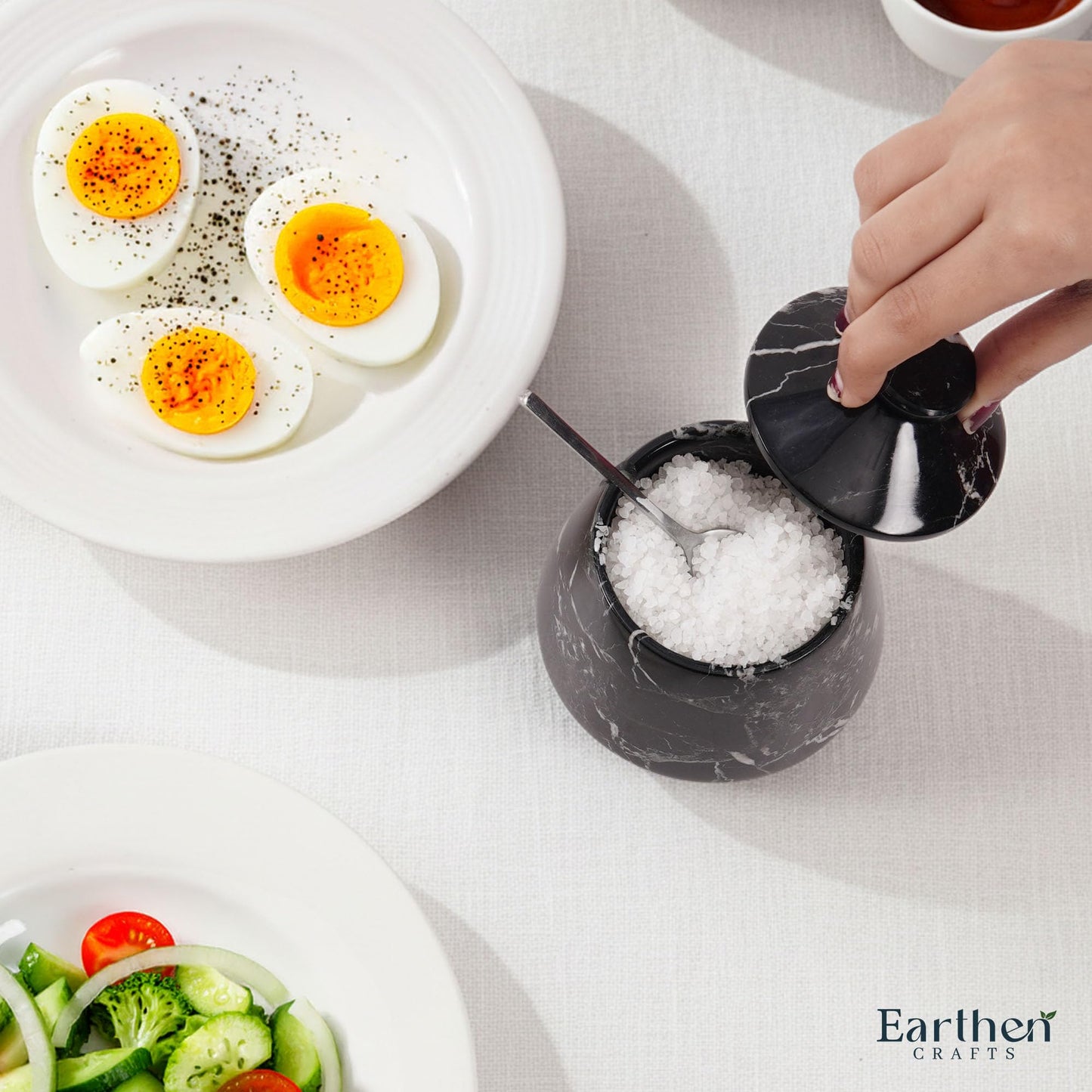 EARTHEN CRAFTS Marble Salt Cellar With Lid & Spoon Black 4" Inch Handmade Salt Holder Stone Salt Storage Seasoning Container, Sugar Bowl, Salt Dish, Salt Box & Spice Jar for Kitchen Countertop
