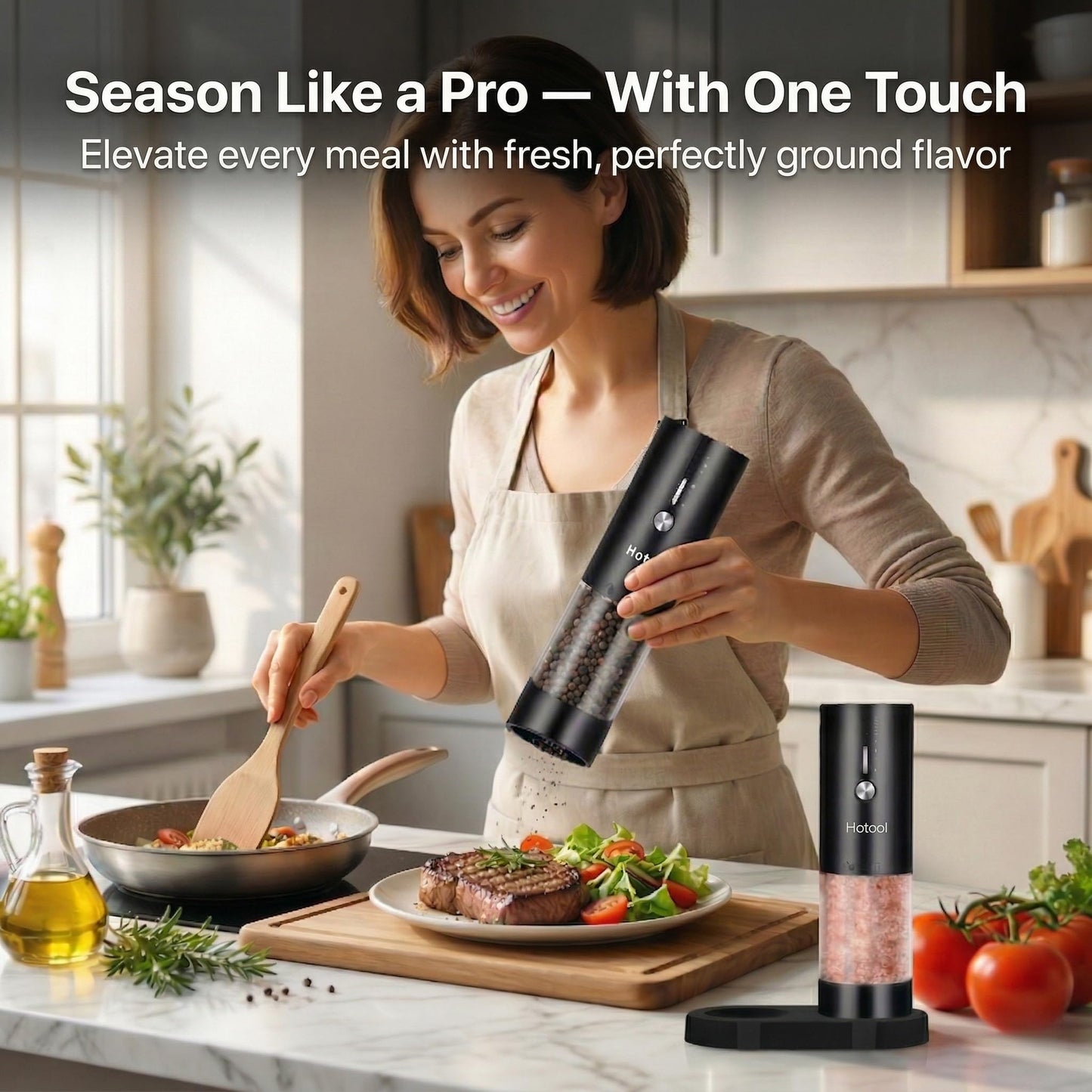 Hotool Electric Salt and Pepper Grinder Set - Rechargeable Salt and Pepper Shakers with Base - Adjustable Coarseness Salt Grinder - Kitchen Gadgets, Gifts for Mom, Dad, Women, Men, Sister, Grandpa