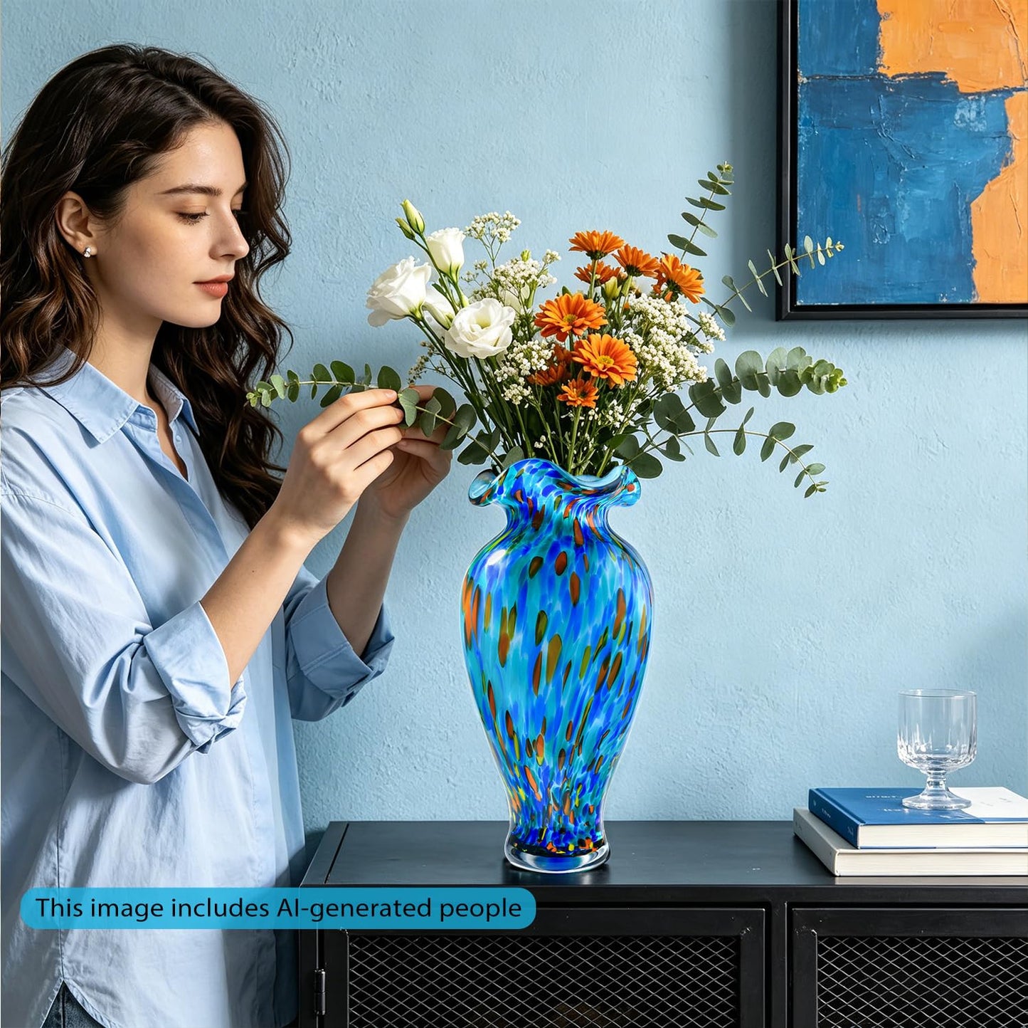 12 inch Hand Blown Glass Vase, Unique Sea Blue Crystal Flower Vase, Ocean Style Art Glass Home Table Centerpieces for Floral Bouquet Decorations