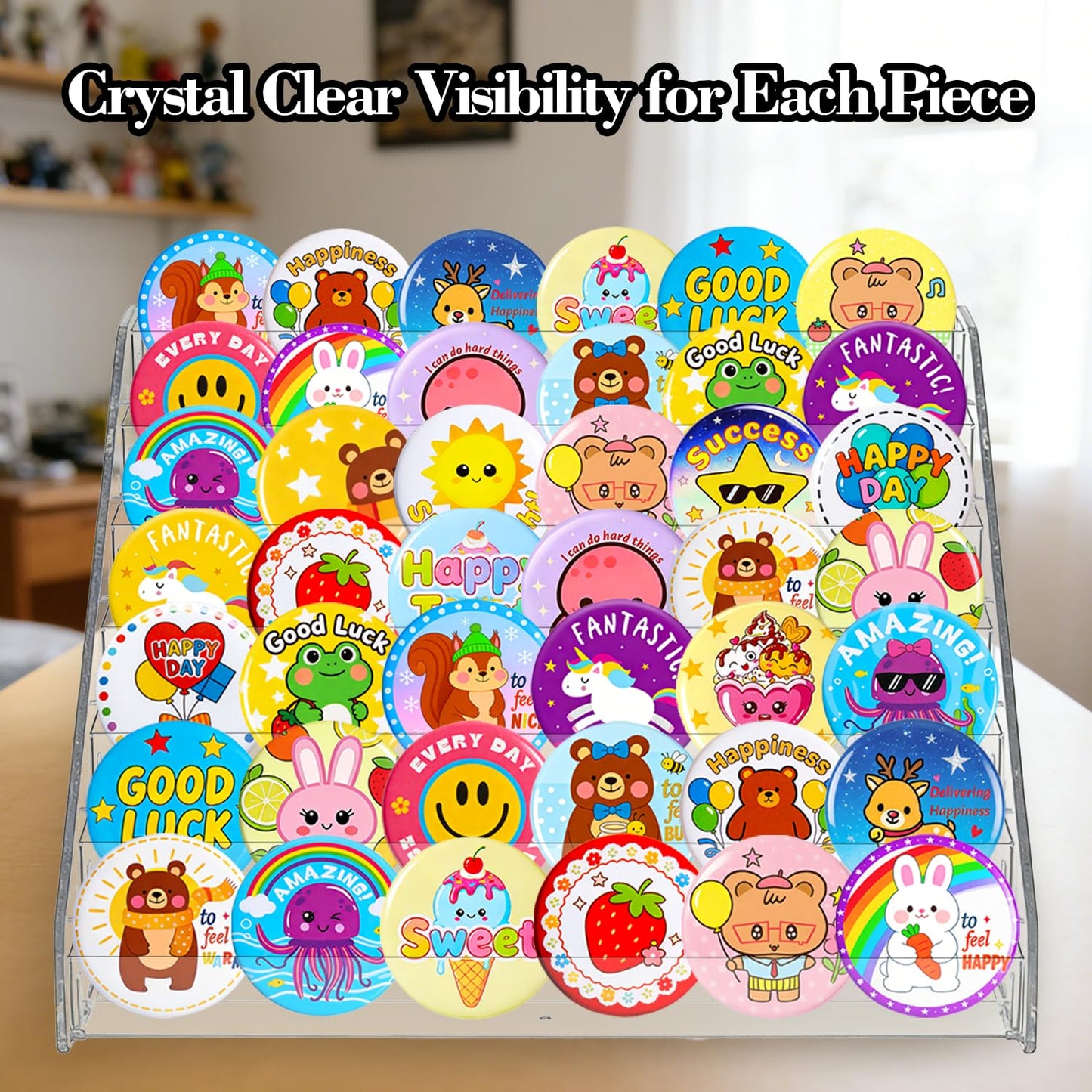 deapera 4 Pack 7 Tier Clear Acrylic Display Stand with Fences, Versatile Organizer for Button Pins, Graded Cards, Mini Figures, Makeup, Nail Polish & Coffee Capsules (4 Pack)