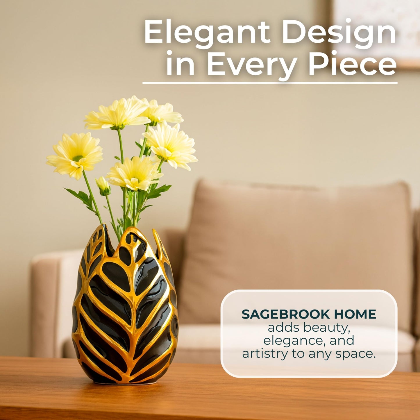 Sculpted Leaf Ceramic Vase – Modern Flower Vase for Fresh or Faux Stems, Tabletop Decor for Living Room or Office – Flower Holder Accent, Home Decor – 8", Dark Navy Blue & Gold Finish