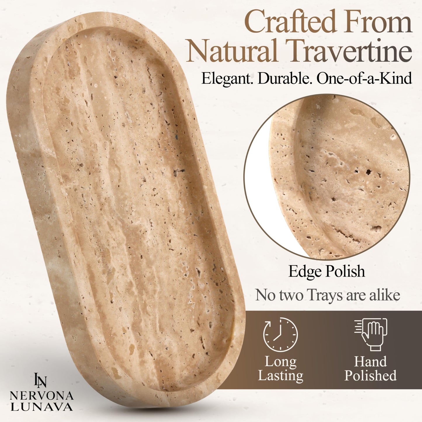 LUNAVA Travertine Tray for Bathroom Counter – Marble Tray for Kitchen Counter, Hand-Polished Natural Stone Caddy for Vanity, Sink, or Dresser, 9.8"x4.7"in, Beige