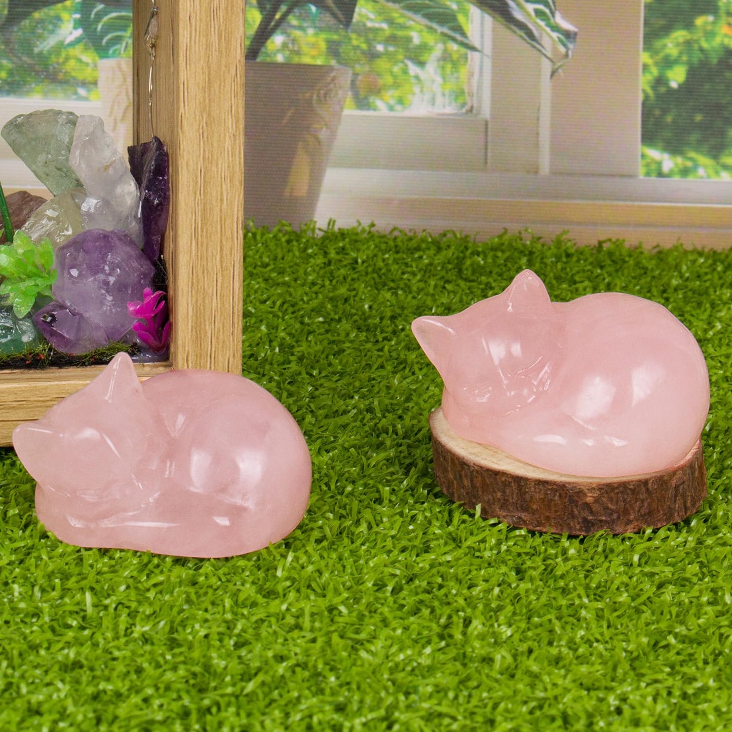 Hguxmcu Crystal Cat Figurine Decor, Rose Quartz Sleeping Cat Sculpture, 2.1 Inch Hand Carved Natural Reiki Healing Crystal Animal Statue for Home Office Desk Decor Accessories, Gift for Cat Lovers