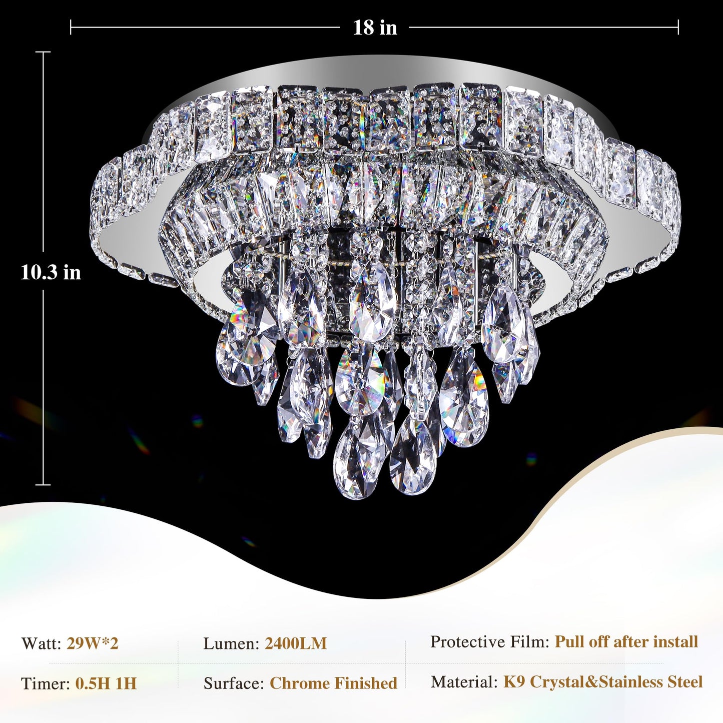 Kuailkag Silver 18" Modern Flush Mount Chandelier for Bedroom, LED Crystal Ceiling Light Over Table,Elegant Dining Room Lighting Fixture with Remote Control, 3CCT Dimmable