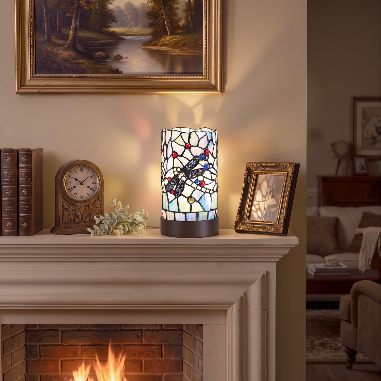 Rynxphera Tiffany Table Lamp, Blue Dragonfly Small Stained Glass Style Lamp