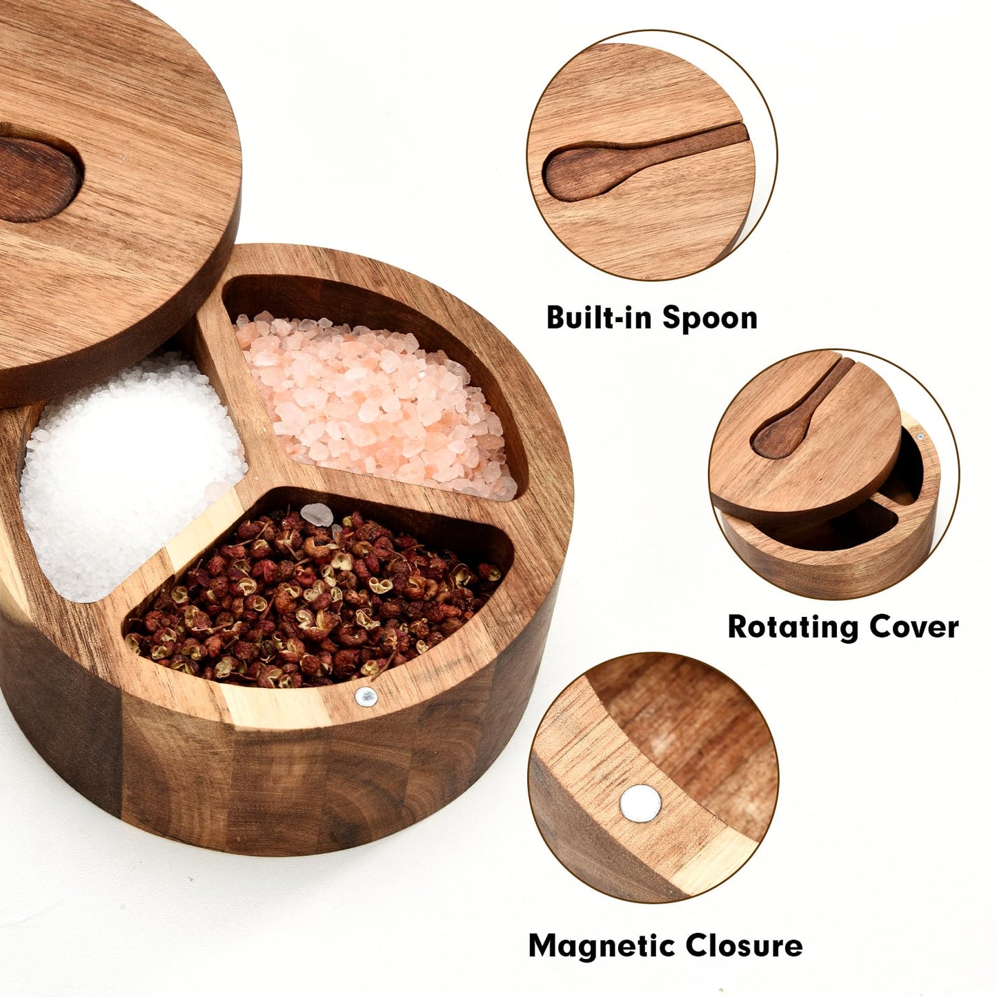 JUSTEMI Wood Salt and Pepper Box, 3 Compartment Salt and Pepper Cellar With Lid and Spoon,Spice Condiment Container for Kitchen Countertop