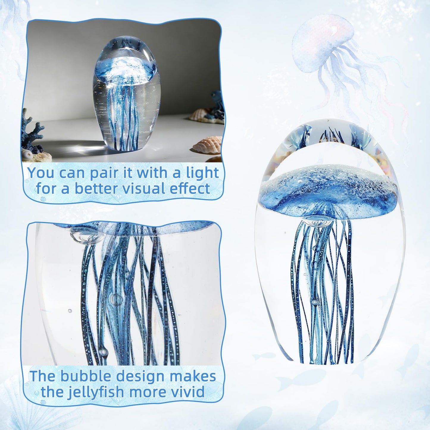 Lovmeety Glass Jellyfish Paperweight, Hand Blown Glass Jellyfish Figurine Sea Creature Paperweight Art Decoration for Home Room Office Party