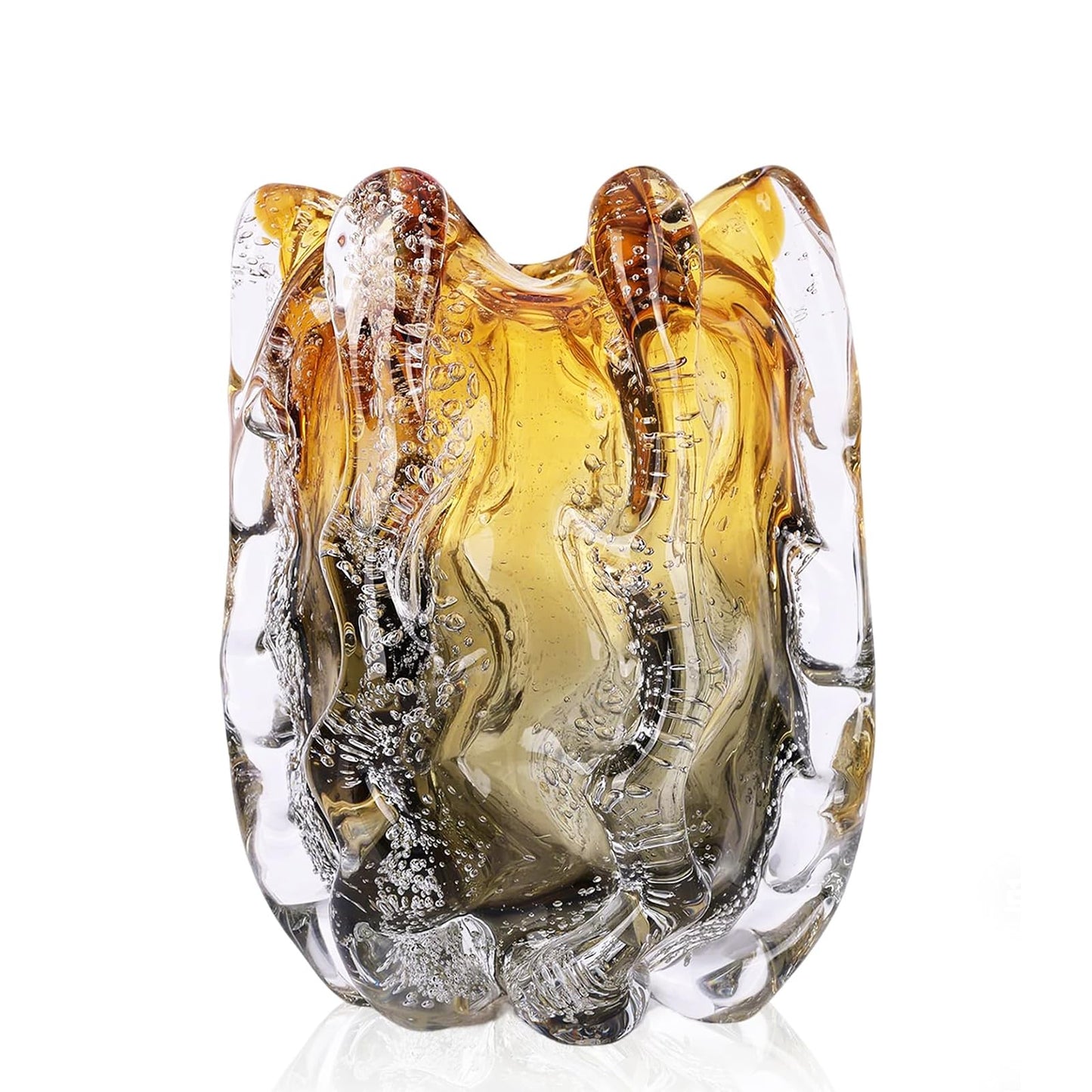 Blown Glass Bubble with Ruffled Edge Vase, Art Glass for Home Decor, Tall Vases for Centerpieces & Flowers, Crystal-Like for Bouquets & Pampas Grass, Vases Amber, Flower Bouquet Display (Yellow, S)