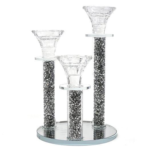 Allgala 9 Inch Tall 3-Pillar Filled with Diamond Like Stone Filled Crystal Candlesticks with Mirror Base-Silver-HD89124