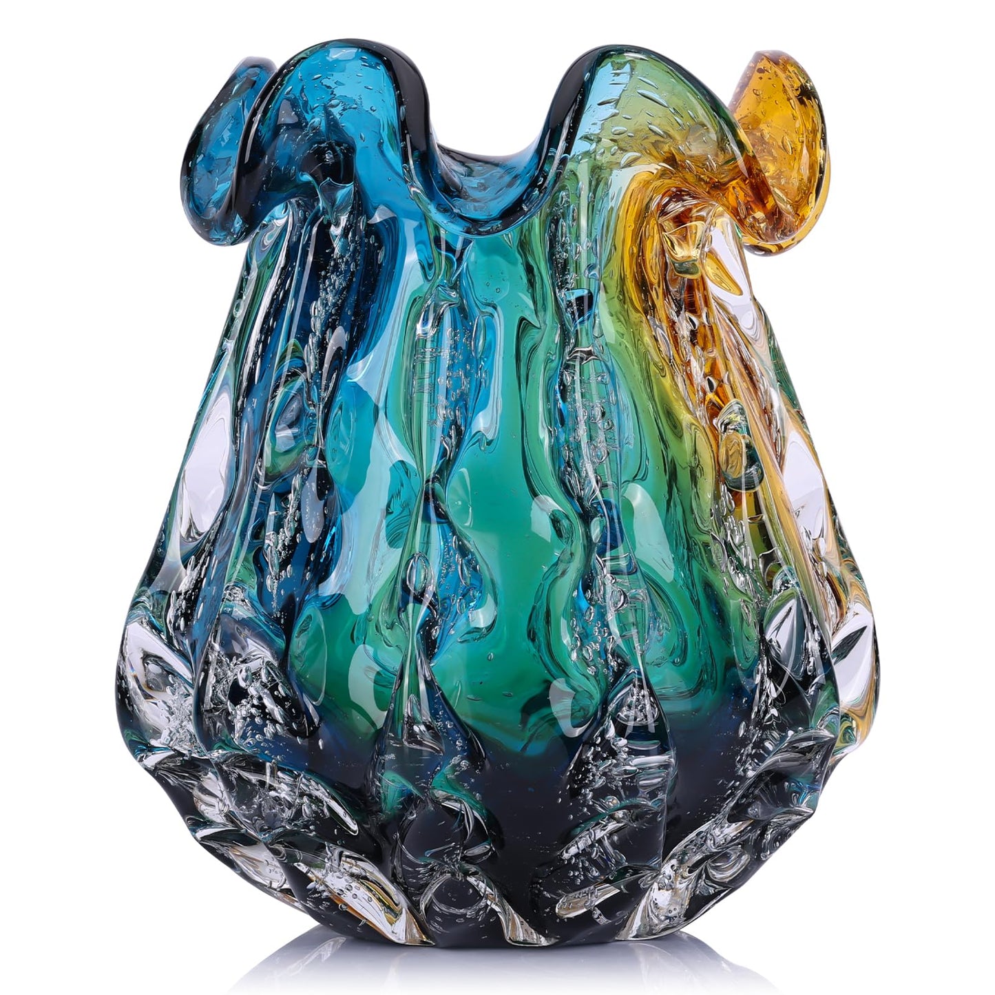 9.9" Tall Large Clear Glass Vase Wide Mouth, Pretty Hand Blown Glass Vase for Bouquet, Unique Teal and Amber Sea Vases for Modern High End Living Room, Office, Dining Table Centerpieces