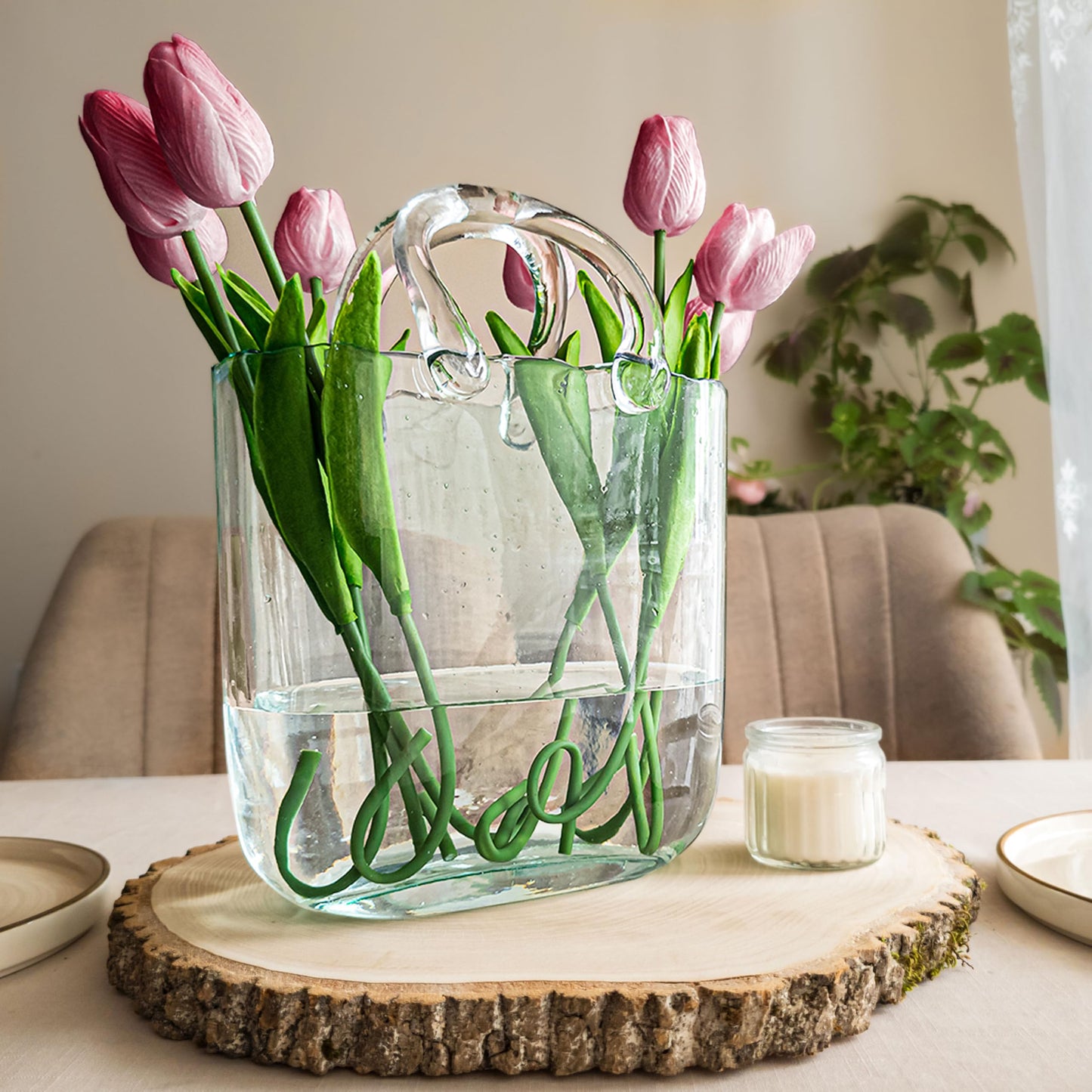 OLEEK Purse vases for Flowers (Handmade) Glass Bag vase -10 Inches- Blue for centerpieces & Fish Bowl - Handbag Unique Flower vase Decorative - Glass Handbag vases for Cute Room Decor