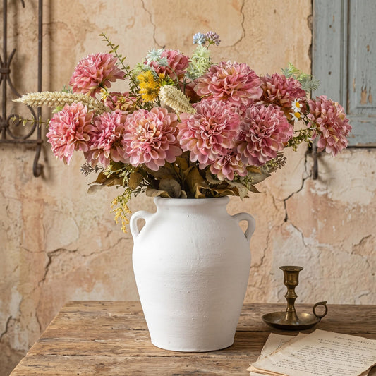 Mimorou Ceramic Vase with Handles 11 Inch Rustic Vintage Farmhouse Decorative Flower Vase Textured Pottery Decor for Pampas Grass Dried Flowers Home Table Centerpiece(White)