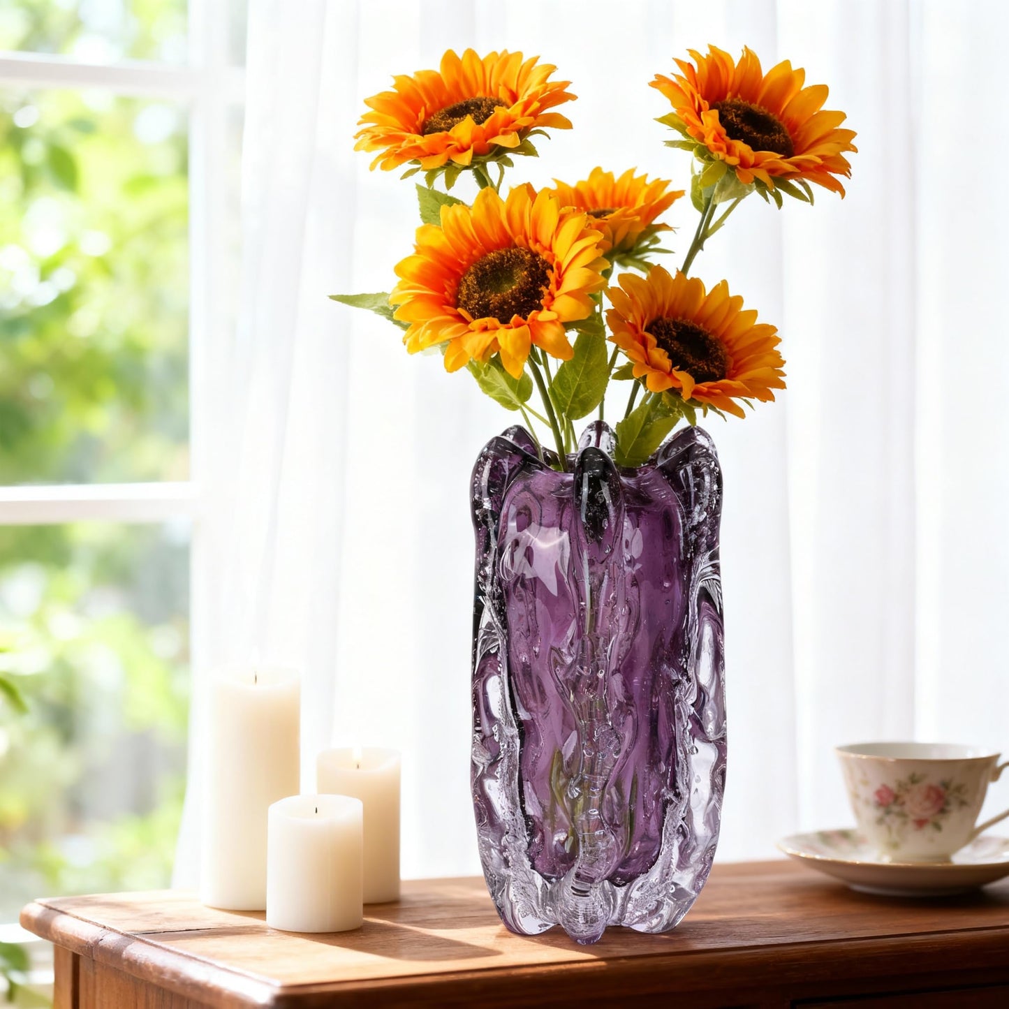 Hand-Blown Glass vase, Unique Wide-Mouth Glass vase, Modern Art Purple Decorative vase, Suitable for Office Spaces, Wedding venues, Living Room Coffee Tables, or as a Centerpiece on Dining Tables.
