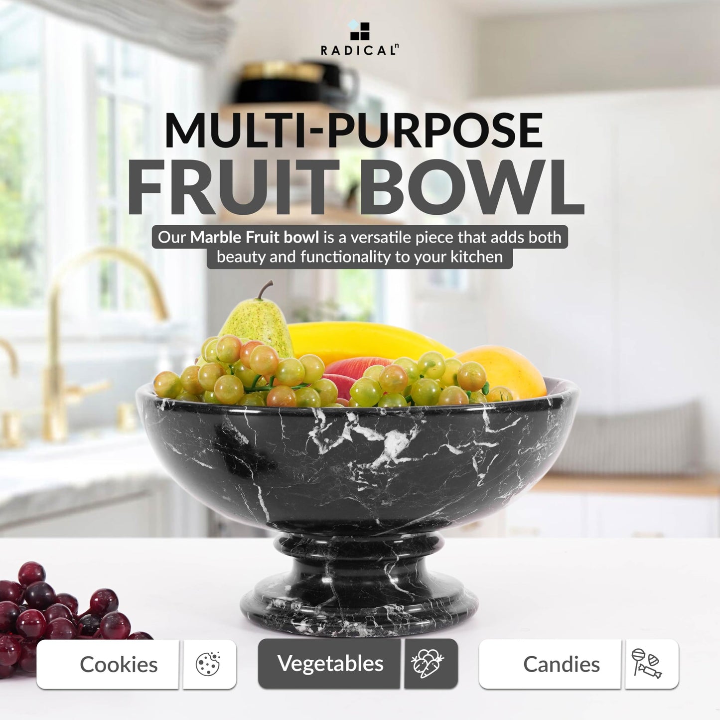 Radicaln Marble Fruit Bowl 10" Inches Black Handmade Decorative Bowl For Kitchen Table, Ideal Key Holder, Candy Dish and Fruit Bowl For Kitchen Countertop