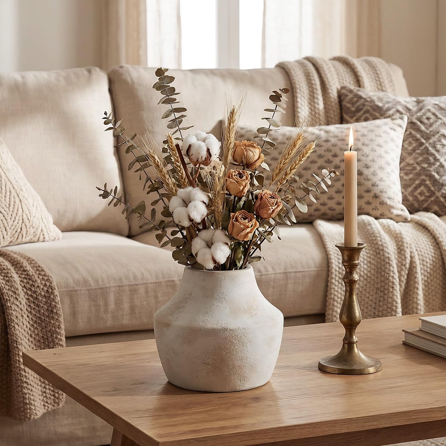 Ceramic Flower Vase 5.2 Inch - Farmhouse Centerpiece Vase for Home Decor, Rustic Table Vase for Dried Flowers, Handcrafted Pottery for Living Room, Shelf & Wedding Decor