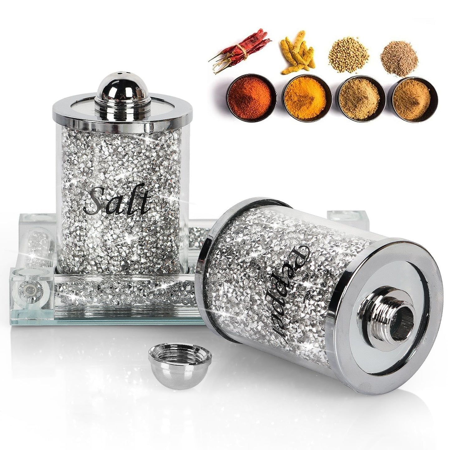 Ulable Crystal Salt and Pepper Shakers with Mirrored Tray, Crystal Crushed Diamond Home Decor, Bling Glass Salt and Pepper Shakers, Sparkly Salt Pepper Glass Jar for Kitchen, Dining Table, Restaurant