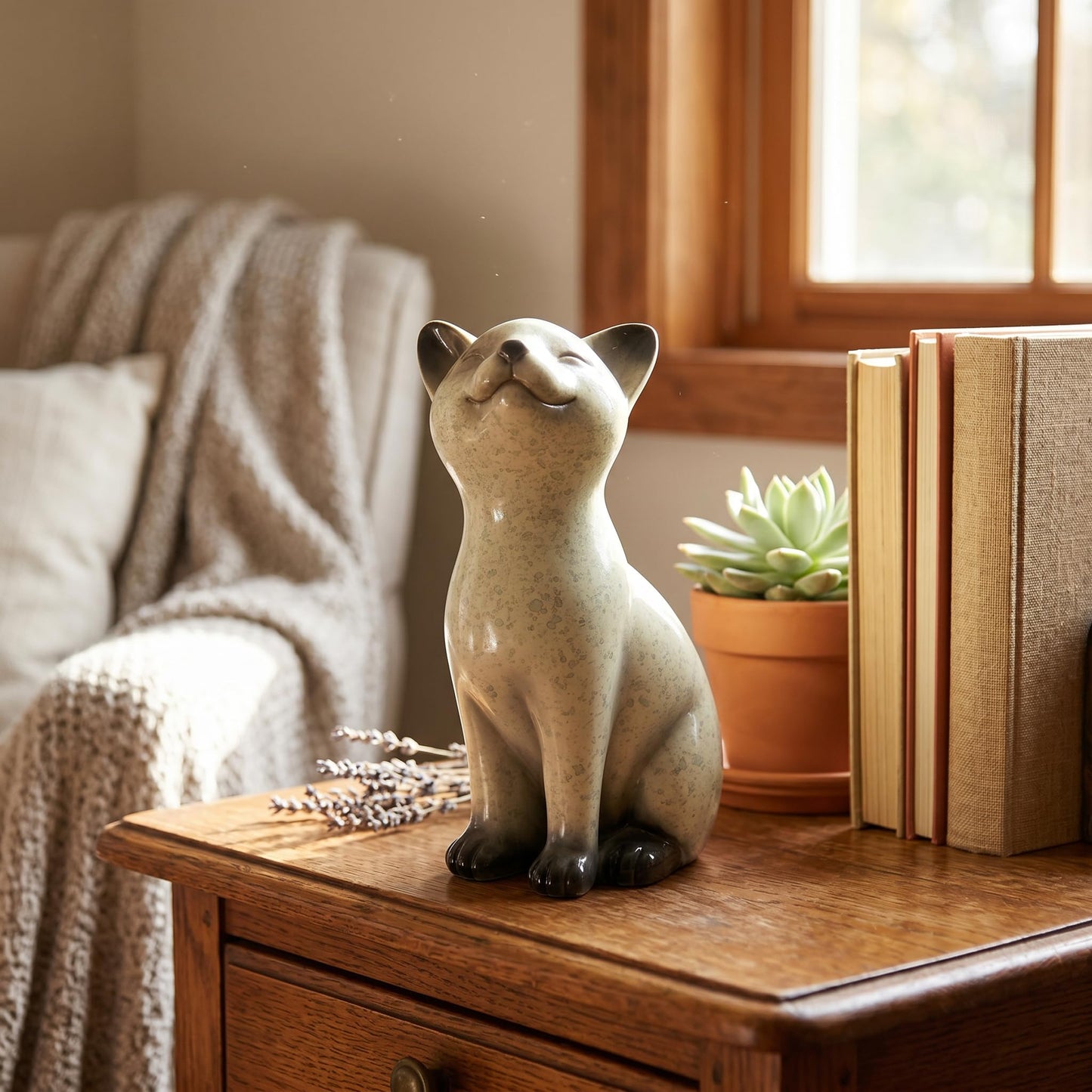 Speckled Resin Cat Figurine, Glossy Sitting Cat Statue, Cream and Black Decorative Cat Sculpture for Bookshelf, Desk, Shelf, Tabletop, Living Room, Office, Bedroom Decor, Gift for Cat Lovers (Cat)