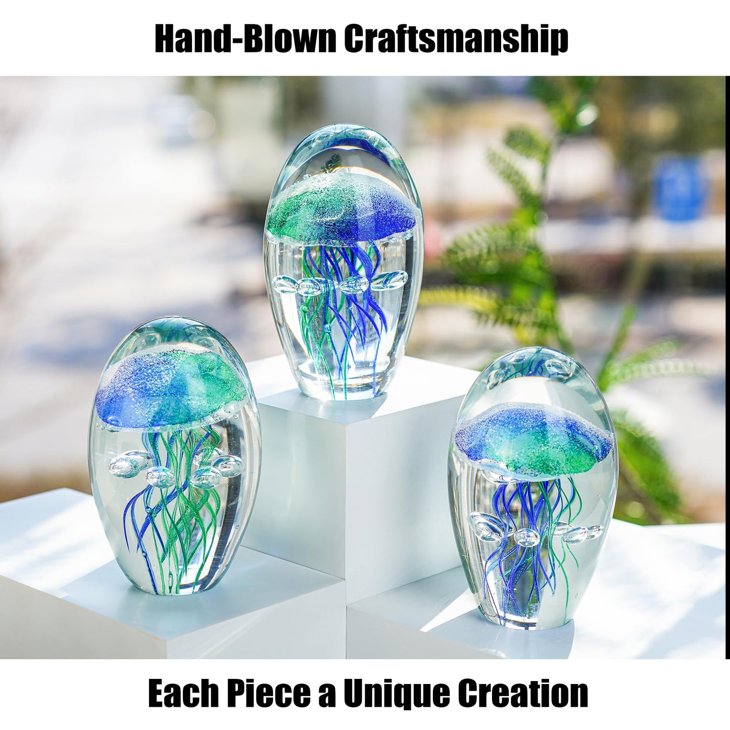 QFkris Hand Blown Glass Jellyfish Paperweight, 3.8" Jellyfish in Glass Decoration, Jelly Fish Figurine Art Decor, for Women