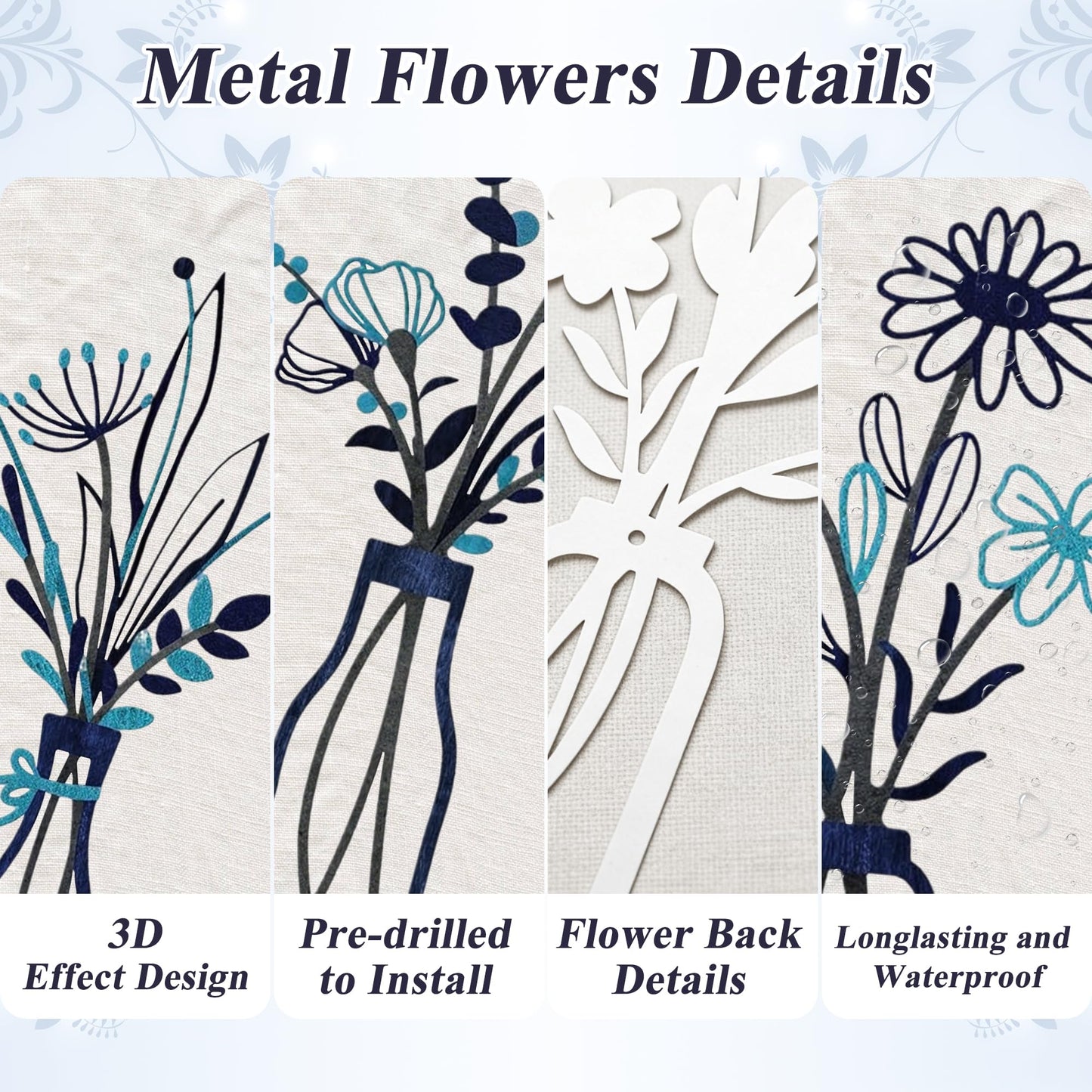 Embewhis Metal Wall Art Flowers 3pcs, Rustic Farmhouse Flower Sculptures, 13.7" Wall Art Decor, Drill-Free Install Option for Living Room, Kitchen, Bedroom & Bathroom
