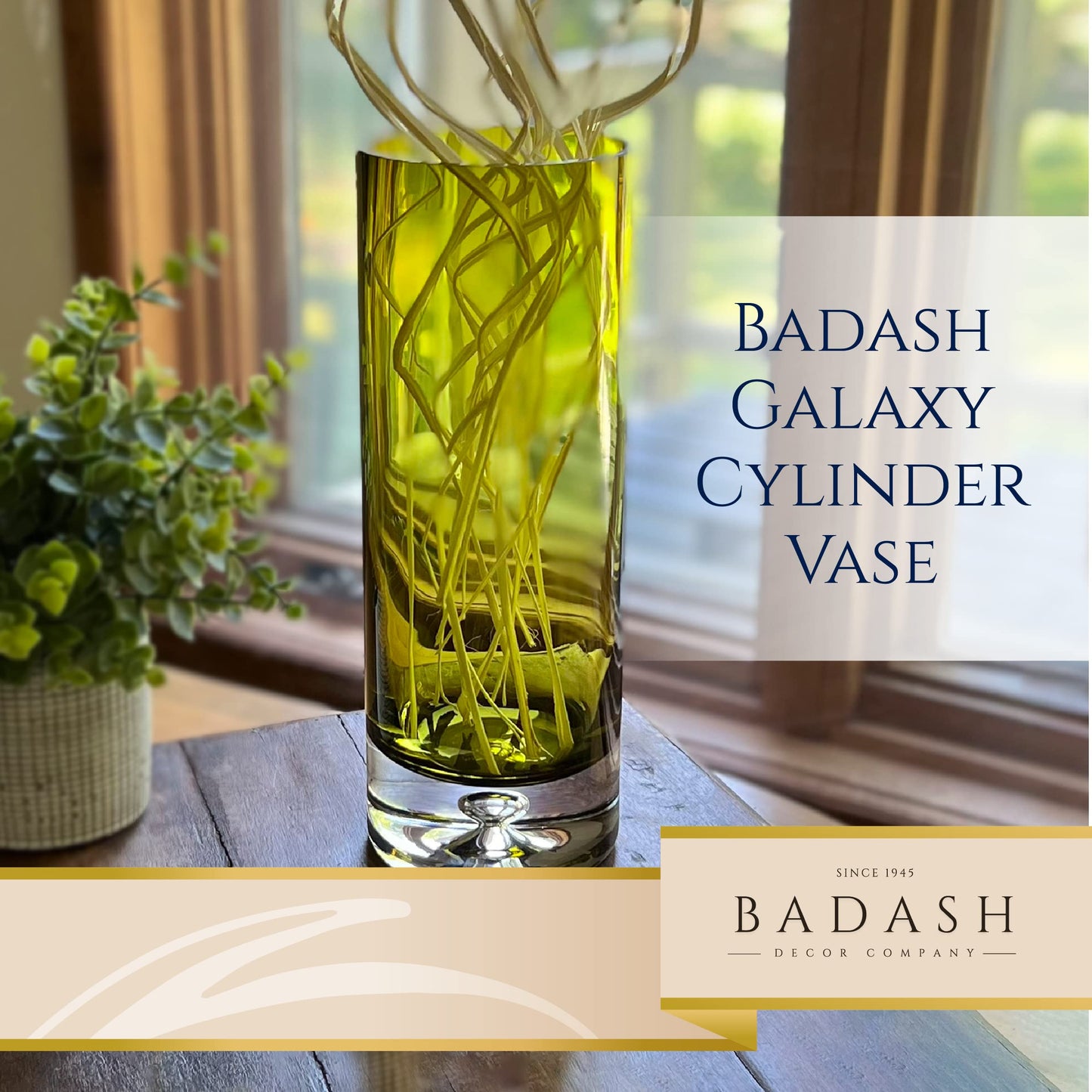 Badash Galaxy Olive Green Glass Vase - Glass Cylinder Vases for Centerpieces - European Glass Vases for Flowers - 12” Mouth-Blown Glass Vase