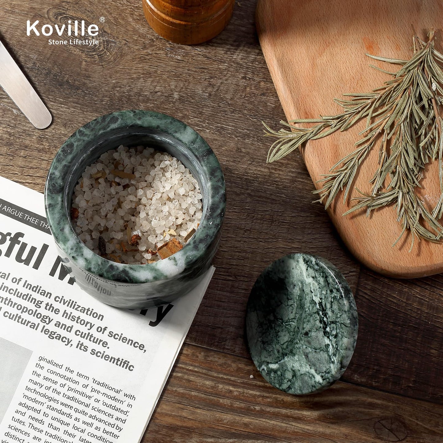 Koville Green Marble Salt Cellar with Lid 3.5", Stone Pepper Container & Spice Jars for Kitchen, Marble Salt and Pepper Holder, Stone Storage Box for Kitchen Counter, Spice Jar (Verde Alpi Green)
