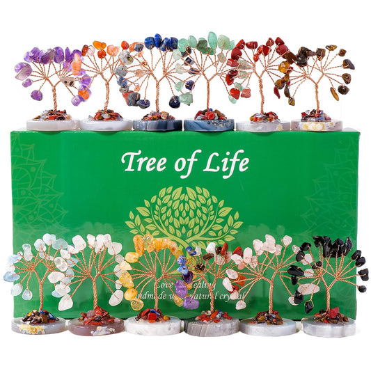 Runyangshi 12pcs Crystal Tree Set Tree of Life Natural Crystal Healing Stones with Agate Base Gemstone Trees Fengshui Good Luck Positive Energy Home Decor