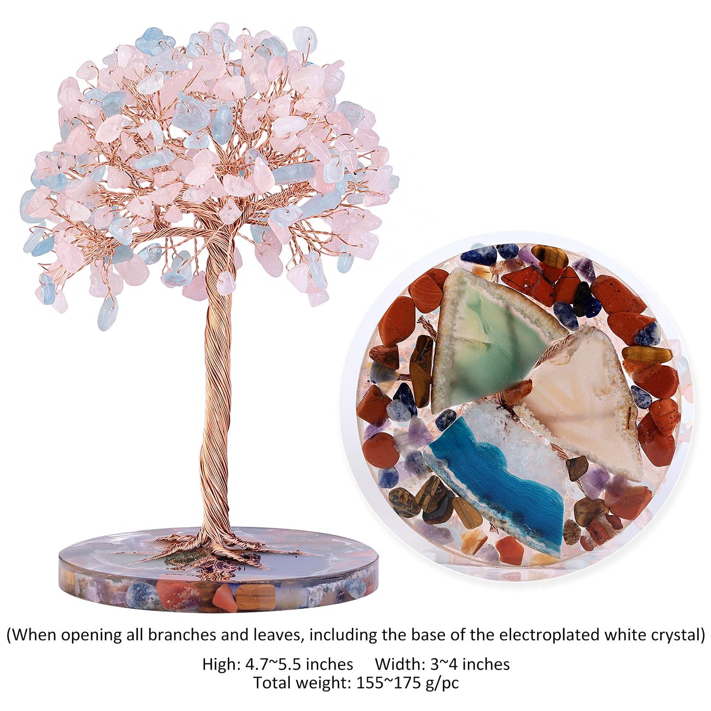 Rockcloud 4.7"-5.5" Rose Quartz&Aquamarine Money Tree with Agate Slice Base