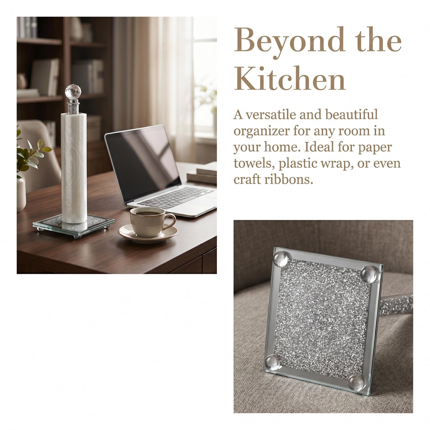 Suwimut Paper Towel Holder Countertop, Silver Paper Towel Roll Dispenser Stand Weighted Base Non Slip Filled with Sparkly Crystal Crushed Diamond for Home Kitchen Bathroom Tabletop