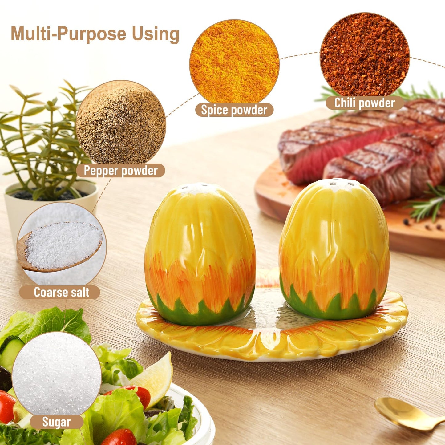 Hand-Painted Sunflower Ceramic Salt and Pepper Shaker Set - Farmhouse Kitchen Decor,Includes Storage Tray, Perfect Housewarming & Hostess,Birthday Gift