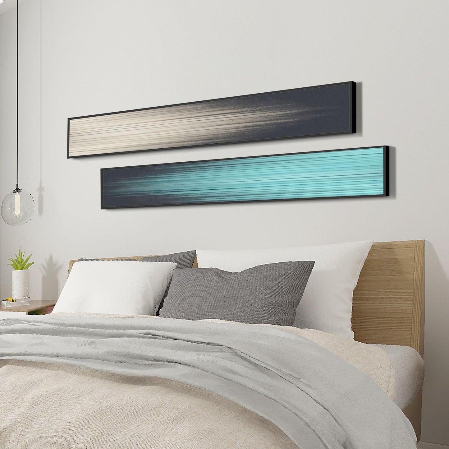 Large Framed Long Narrow Vertical Abstract Wall Art Set of 2, Premium Crystal Porcelain Canvas Prints, Teal Beige Modern Design - Perfect for Entryway, Hallway, Living Room, Bedroom - 10x63 inch
