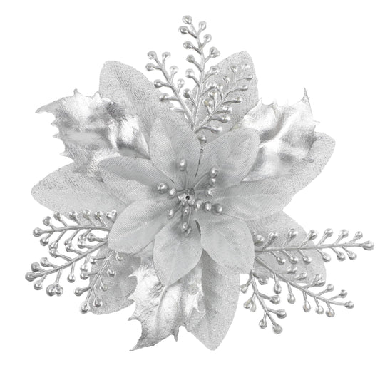 Christmas Tree Decorations 6“ Glitter Poinsettia Flowers - 24 Pcs Christmas Artificial Flowers for Tree Ornaments with Clips, Festive Decorations for Wreath, Mantel & Home Christmas Decor, Sliver