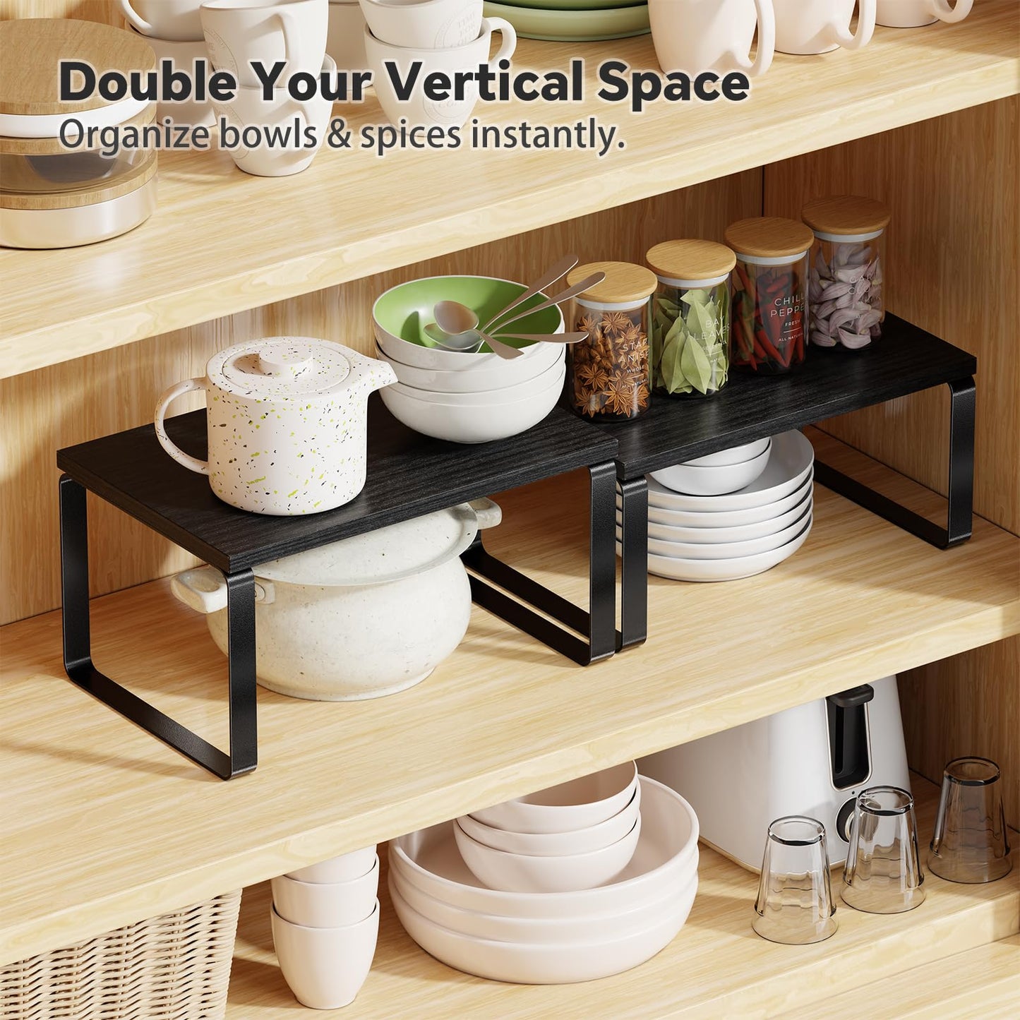 Simple Trending Cabinet Organizer Shelf, Set of 2 Stackable Kitchen Counter Shelves, Expandable Spice Rack Kitchen Storage Riser, Metal Engineered Wood, Black