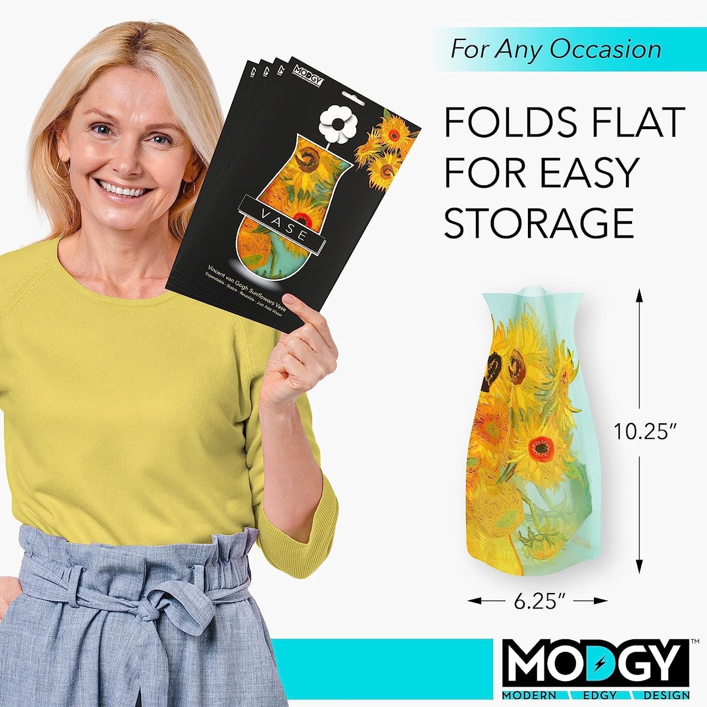 MODGY Expandable Flower Vase, Plastic Decorative Modern Foldable Printed Vases for Centerpieces for Wedding, Dining Table, Home Decor, Living Room, Bathroom, Office, Sunflowers, 4 Pack