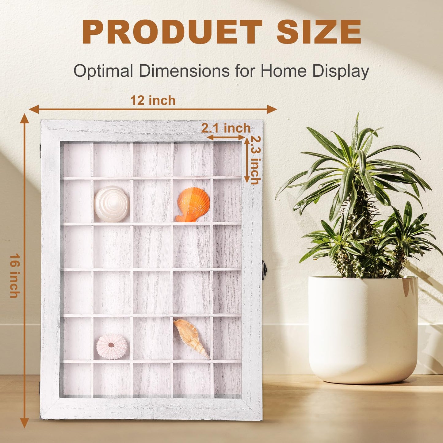 Wonderjune Shell Shadow Box with Shelf Deep Wood Shadow Box Frame Glass Door Display Case with 12/30 Compartments Storage for Collection, Souvenirs, Figures, Wine Bottle Caps, Stamps(12x16 in)