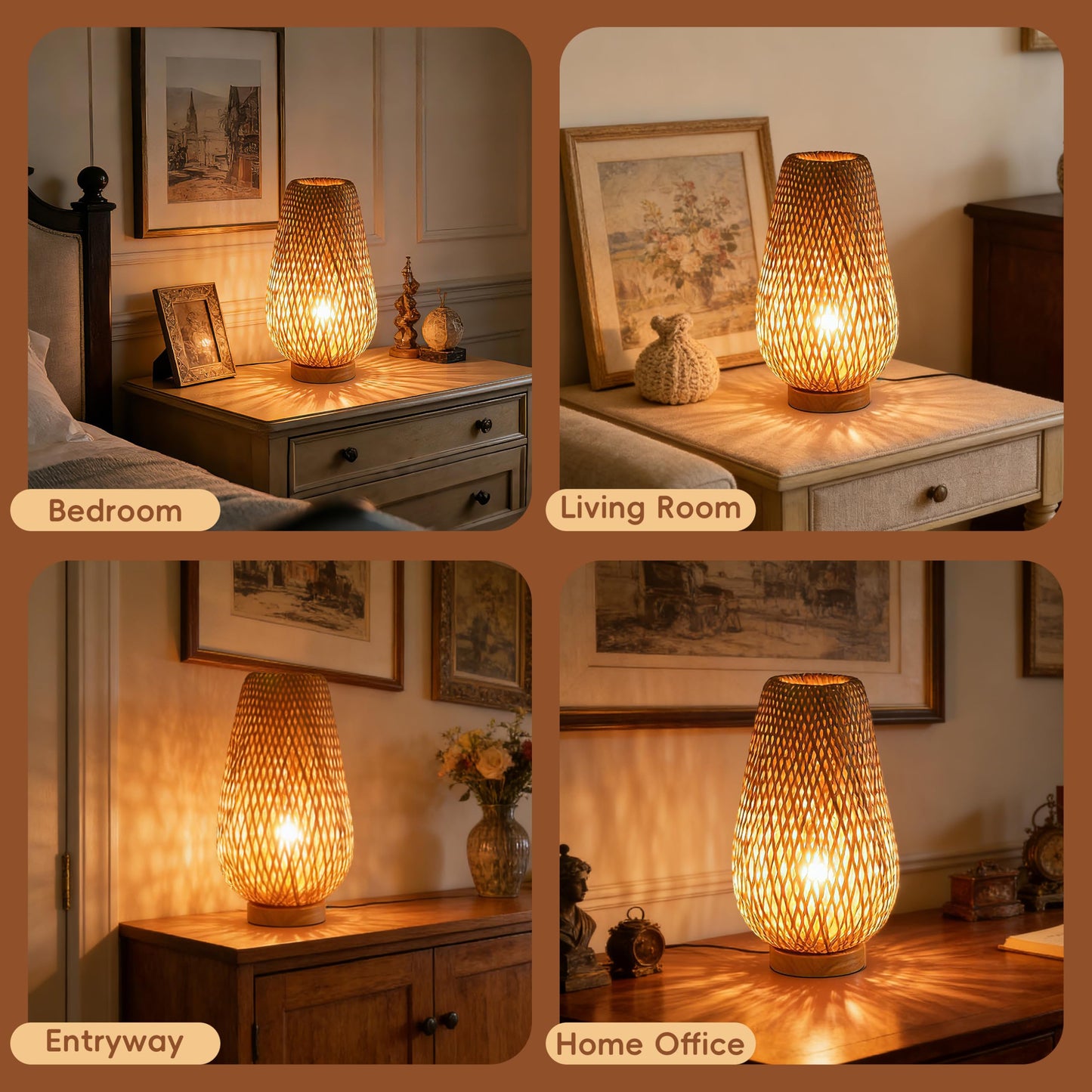 WALMHEIM Boho Bamboo Table Lamp, Dimmable Rustic Farmhouse Hand Wicker Desk Lamp Bedside Lamps Night Light Decorations for Bedroom, Living Room, Home Office, Nursery, Reading Nook (Bulb Included)