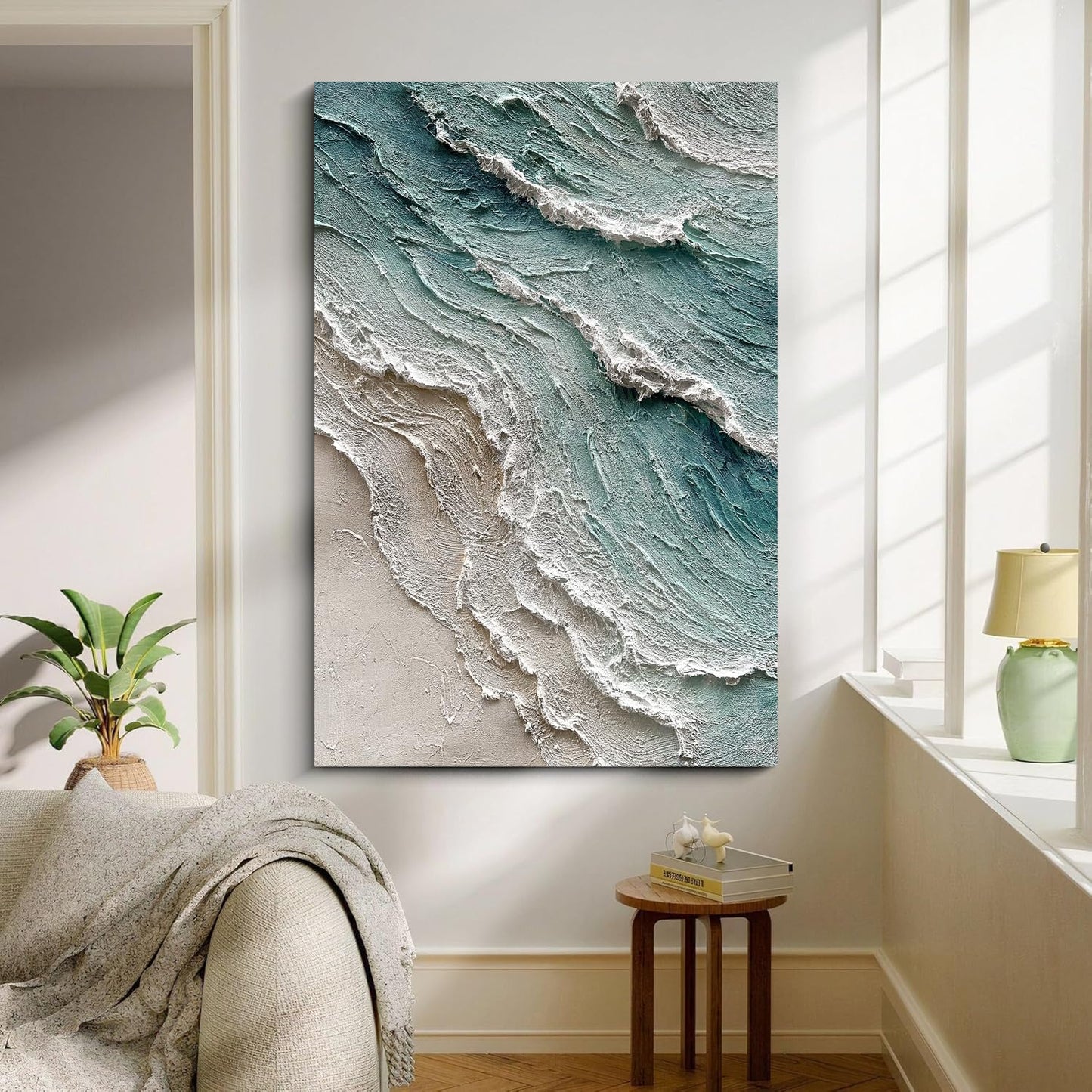 Diathou Art Hand-painted oil painting of a beach scene with waves. Modern abstract blue landscape art as a wall decoration for home office. 36x24 inches.