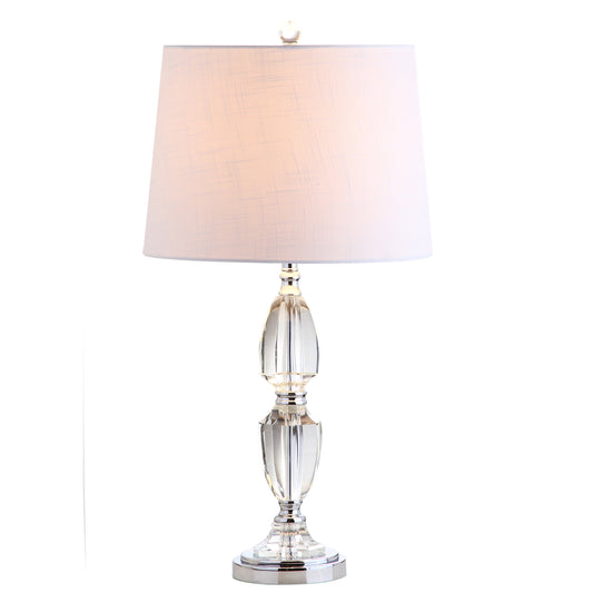 JONATHAN Y 27" Clear Crystal LED Table Lamp, Traditional French Country Chrome Nightstand Lamp with White Linen Drum Shade for Living Room, LED Bulb Included JYL2039A