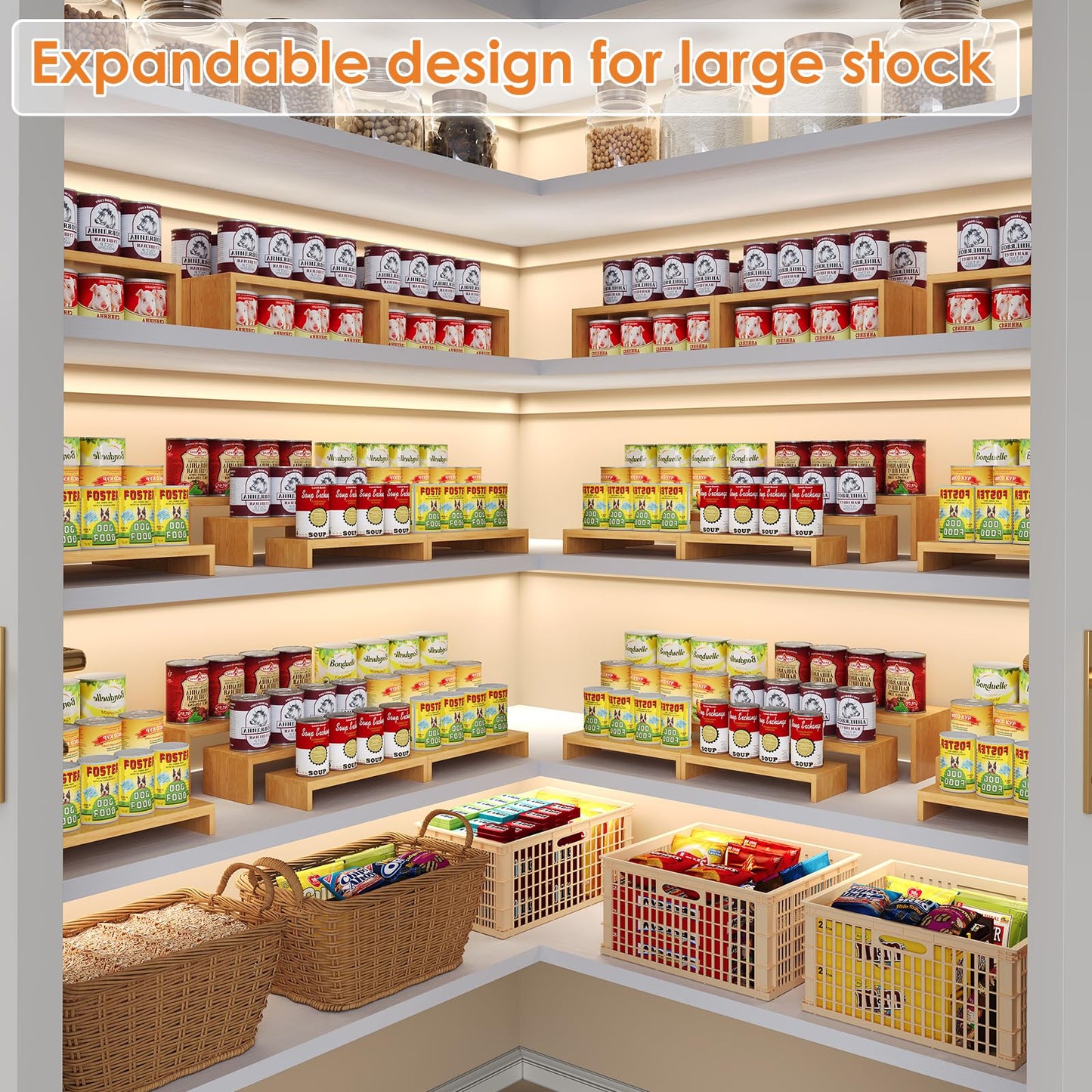 2 Sets Bamboo Can Organizer for Pantry, 3-Tier 6-Piece Adjustable Cabinet Can Display Rack, Soda Can Organizer Holds Up to 31 Cans, Canned Goods Storage Holder for Pantry, Cabinet, Countertop