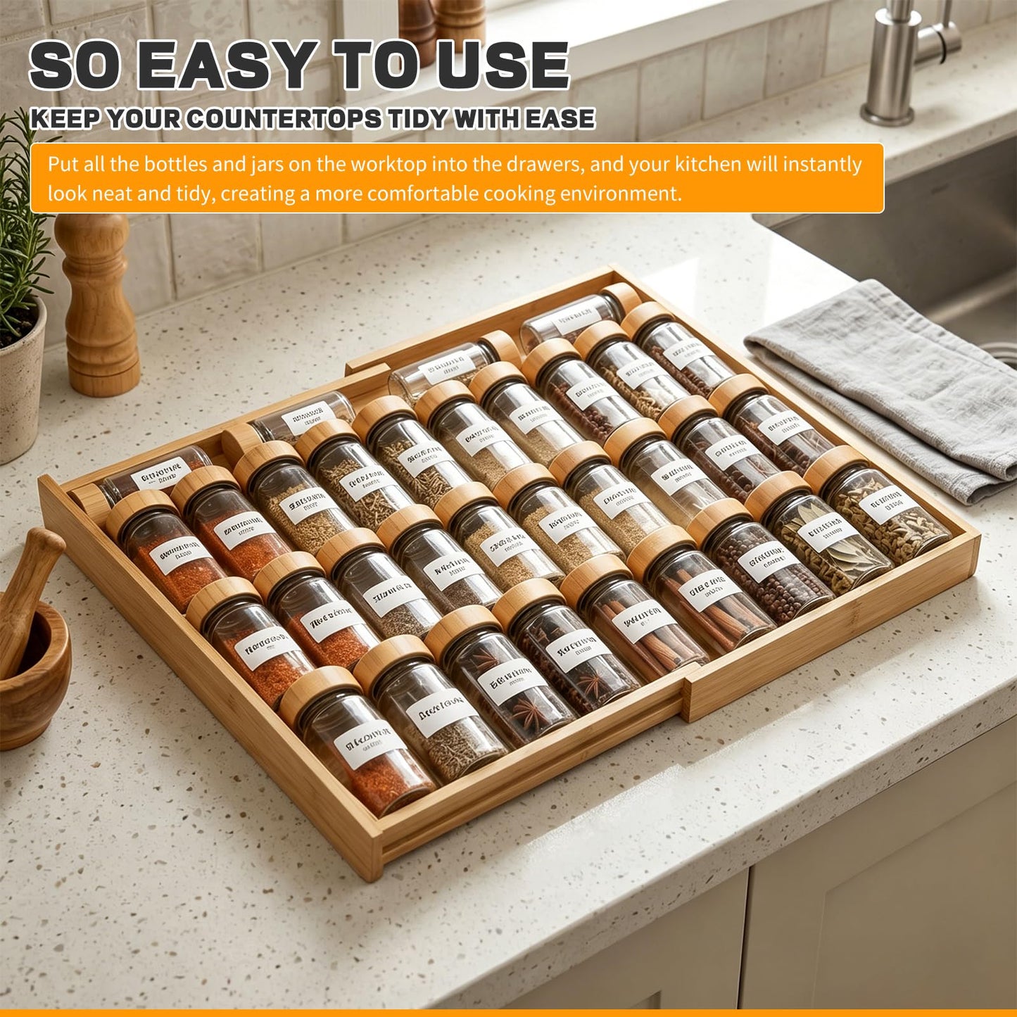 Bamboo Spice Drawer Organizer Expandable(Fits 2.6” Deep Drawers), 4-Tier Spice Rack Drawer Insert for Kitchen Cabinets(12" - 21.9" Width), Adjustable Seasoning Storage Insert (Jars Not Included)