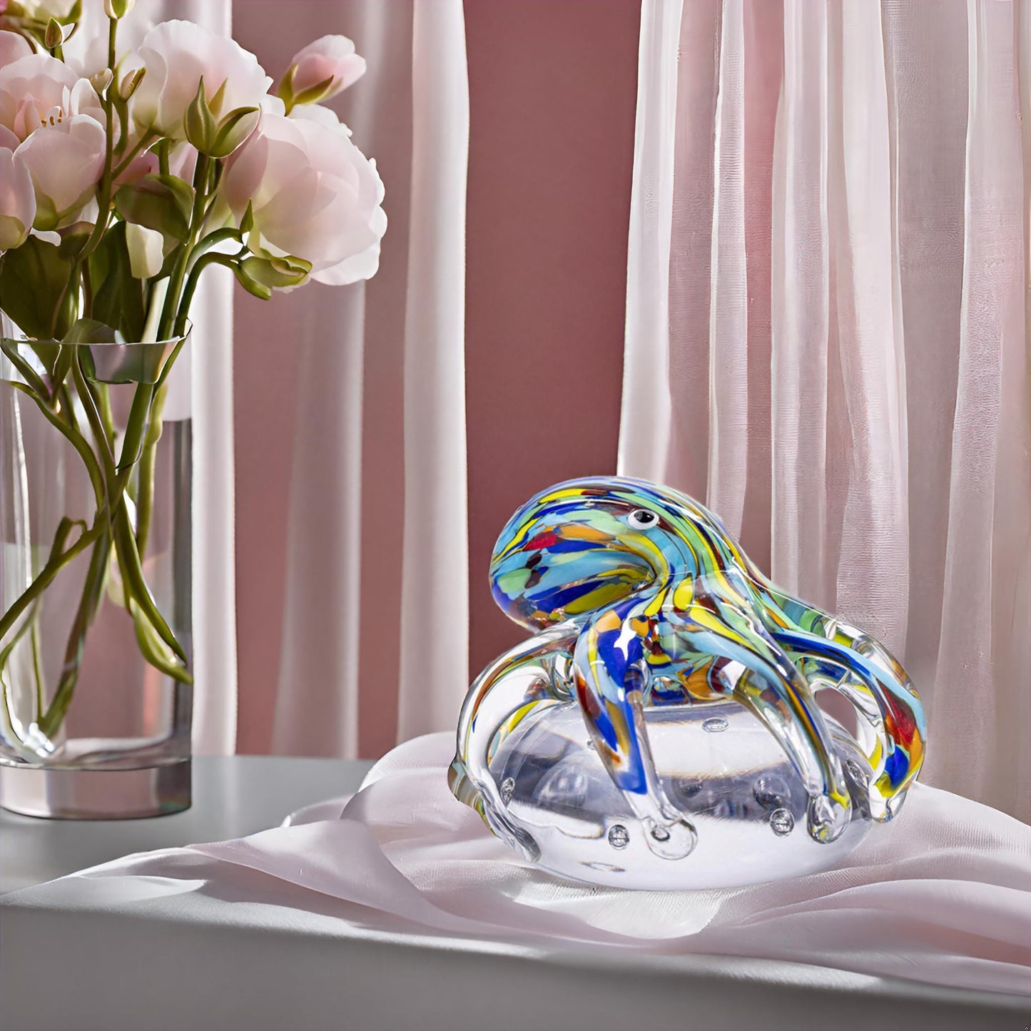 LLAVVD Hand Blown Art Glass Octopus Figurine on Crystal Ball | Handmade Sea Creature Collectible, Ocean Theme Desk Paperweight & Aquarium Decor (Turquoise)