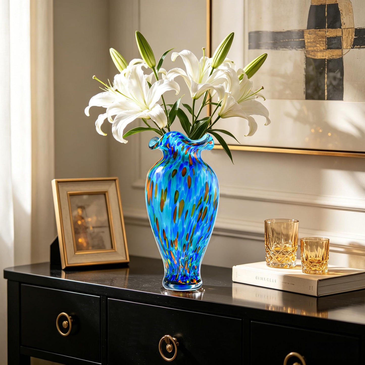 12 inch Hand Blown Glass Vase, Unique Sea Blue Crystal Flower Vase, Ocean Style Art Glass Home Table Centerpieces for Floral Bouquet Decorations