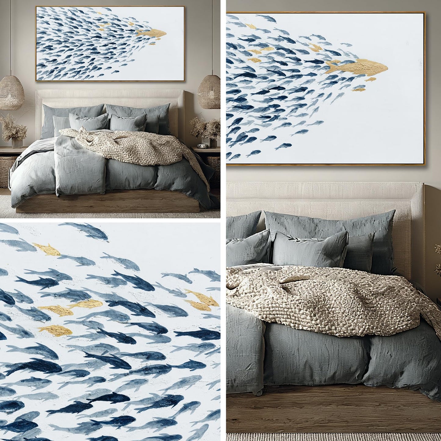 Minimalist Framed Wall Art Fish Animal Ocean Blue Gold Modern Canvas Prints 29"x58" Large Pictures Artwork for Living Room Kitchen Wall Art Decor