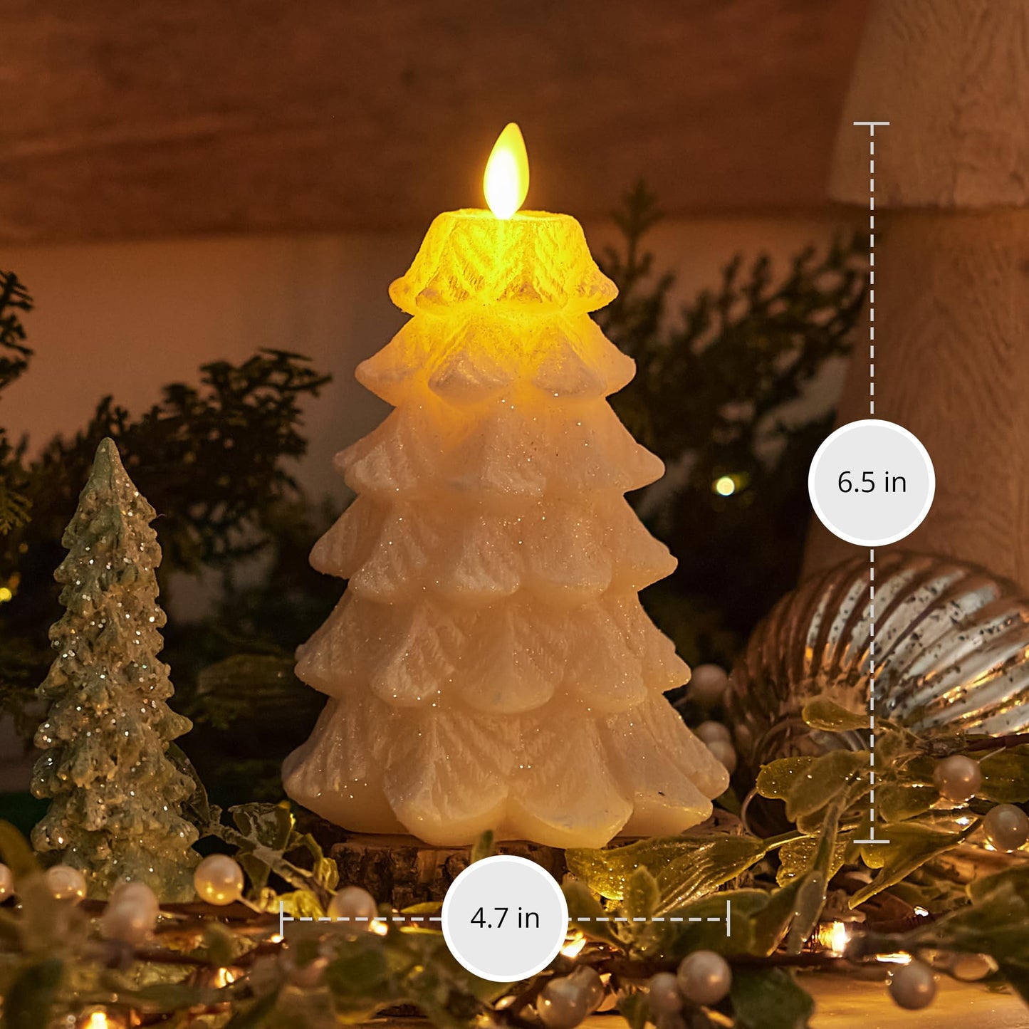 Luminara Christmas Tree Flameless LED Candle, White Swan 4.7" x 6.5", Moving Flame Battery Operated Timer, Holiday Decor, Glitter Snow Finish Safe