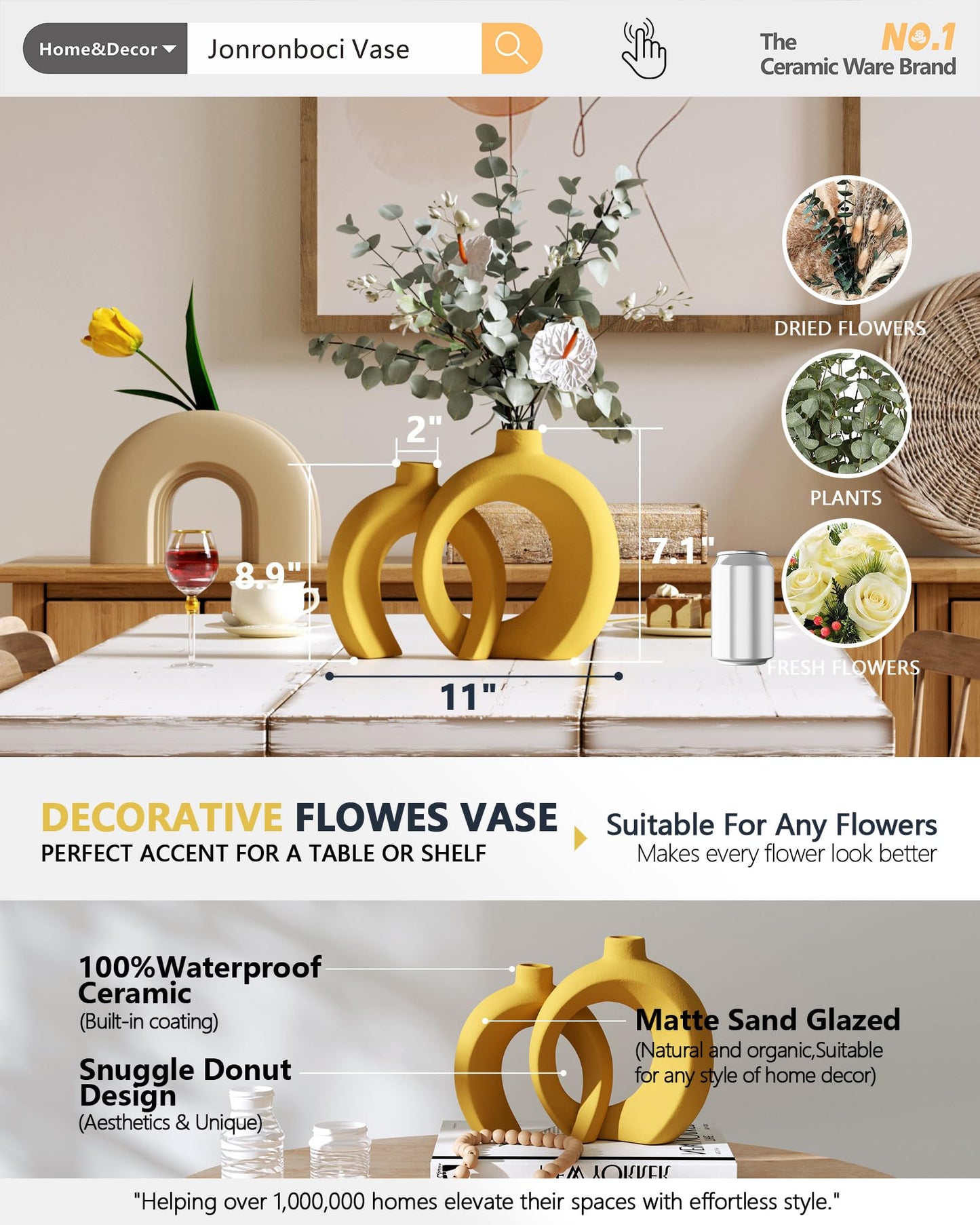 Set of 2 Yellow Ceramic Vases for Home Decor Accents - Unique Hollow Donut Artistic Design Mid-Century Modern Eclectic Style Decorative Vases for Shelf, Mantel, Entryway Table Decor (Matte Yellow)