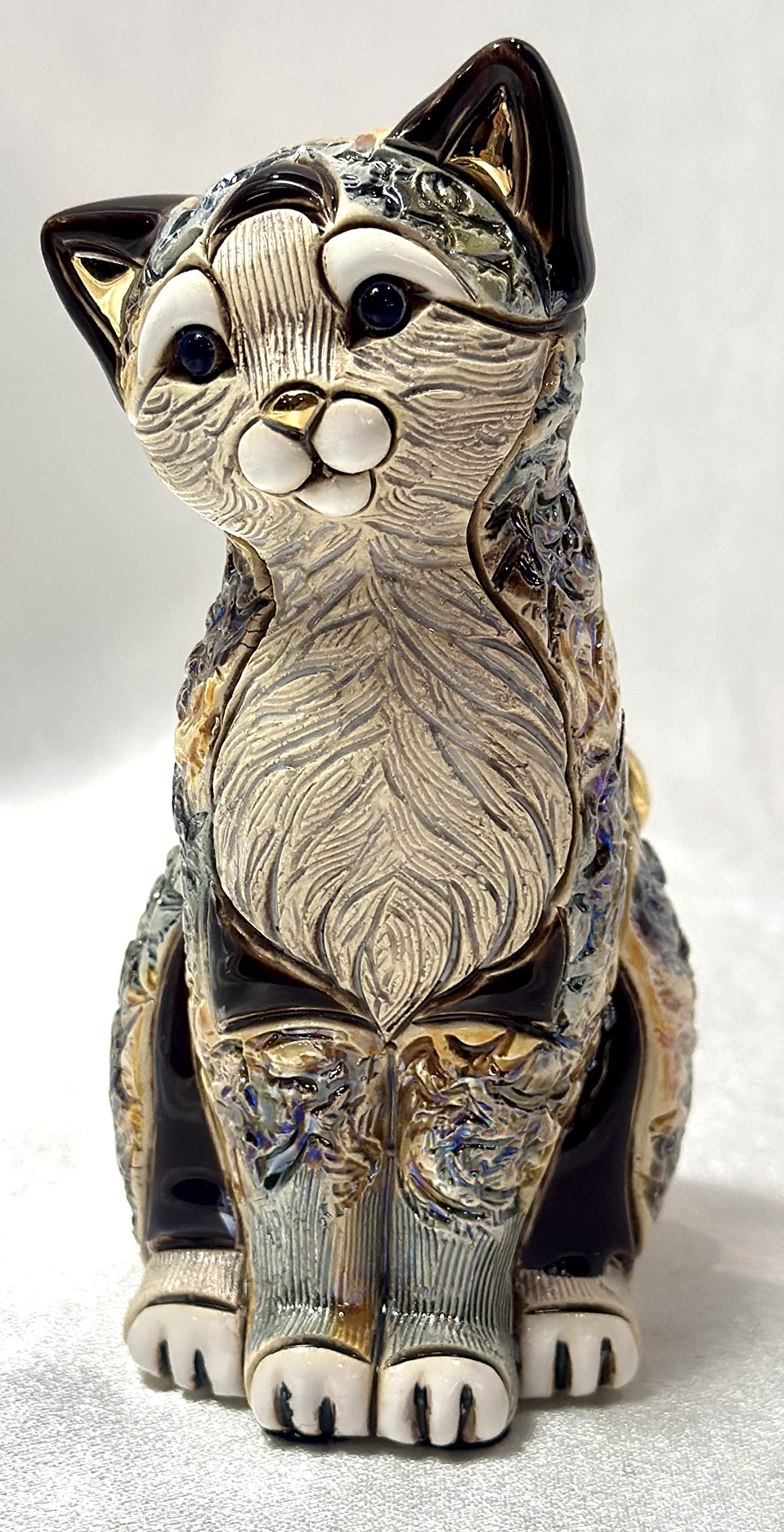 Handmade Sculpted Ceramic Calico Cat Sitting Figurine - Art - Decor - Gift