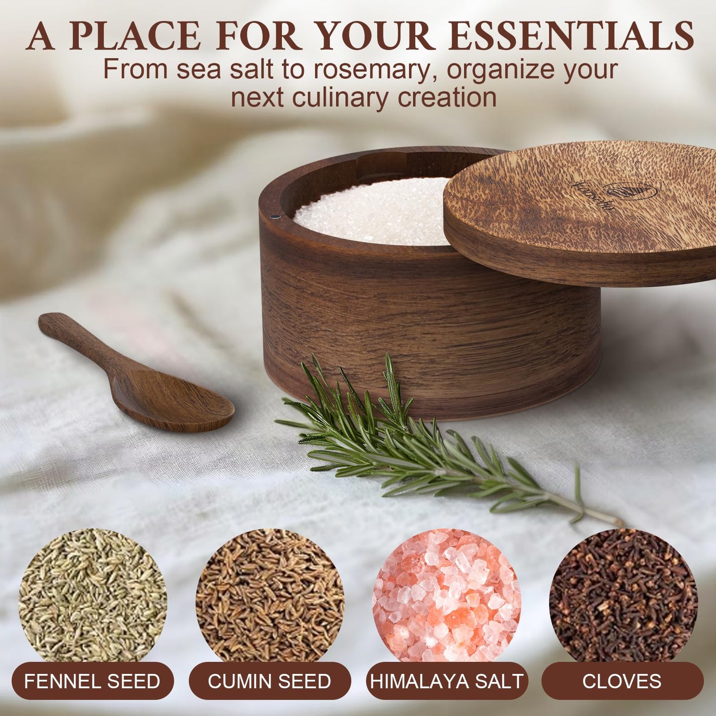 Vorisebo Acacia Wood Salt Container with Built-in Spoon, Elegant Salts Holder with Magnetic Swivel Lid, Salt Box for Kitchen to Storage Pepper, Spice or Favorite Seasonings, 6OZ