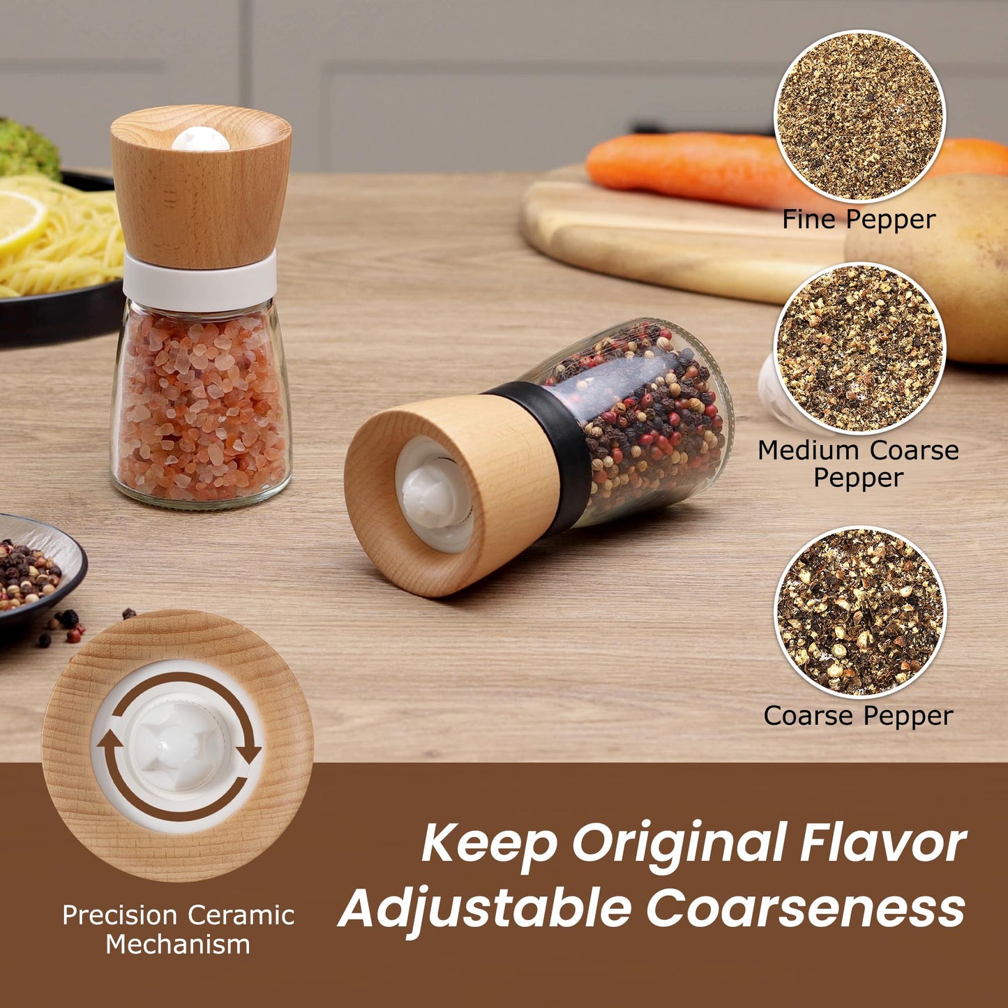 VEVOK CHEF Wooden Salt and Pepper Grinder Adjustable Coarseness Ceramic Wood Pepper Grinder Black Pepper Sea Salt Mill Grinder for Kitchen Seasoning Salt and Pepper Shaker Set Chef Gift