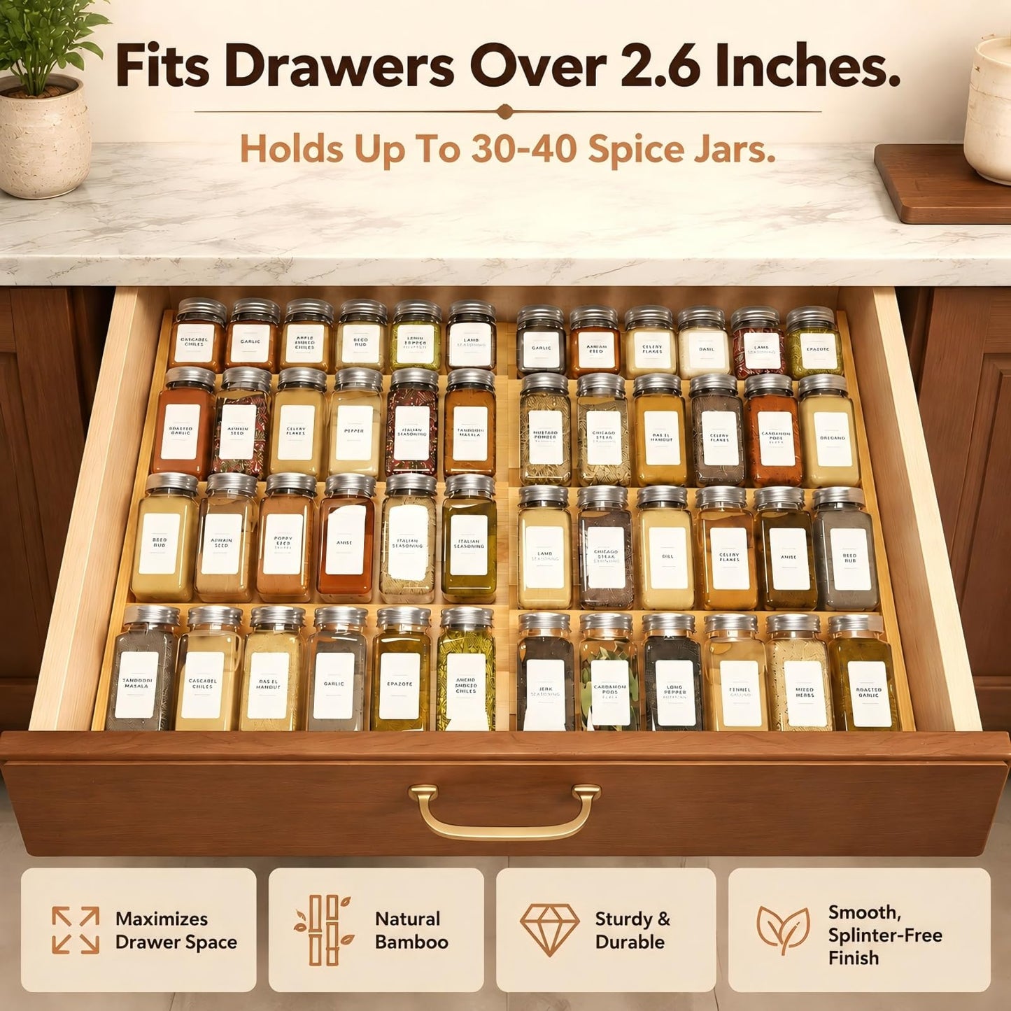 Bamboo Spice Drawer Organizer Expandable(Fits 2.6” Deep Drawers), 4-Tier Spice Rack Drawer Insert for Kitchen Cabinets(12" - 21.9" Width), Adjustable Seasoning Storage Insert (Jars Not Included)