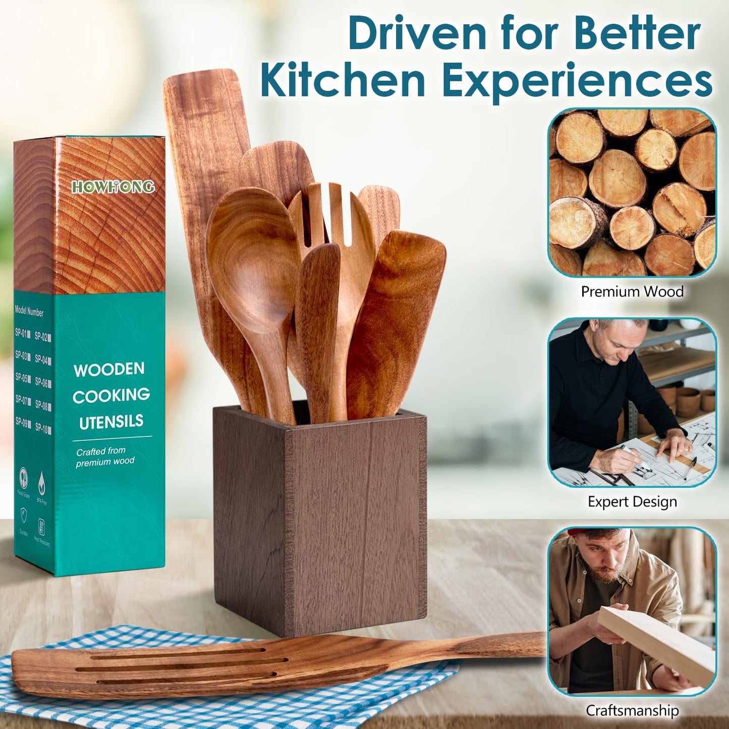 HOWHONG Wooden Spatula Spurtle Set for Cooking, Acacia Wood Kitchen Utensils, Premium Handmade Spurtles for Nonstick Cookware, Heat Resistant, Smooth Finish, Comfortable Grip, 8 Piece