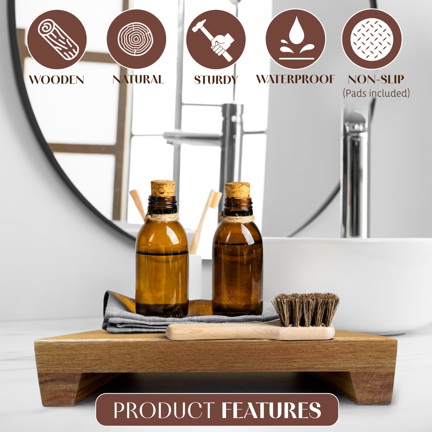 Lyfe Simple Natural Acacia Wood Pedestal Stand | Wood Riser with Decorative Beads | Kitchen Counter Decor | Soap Tray for Kitchen Sink | Bathroom Tray | Tabletop Wooden Stand (9 x 6 x 1.75 Inch)